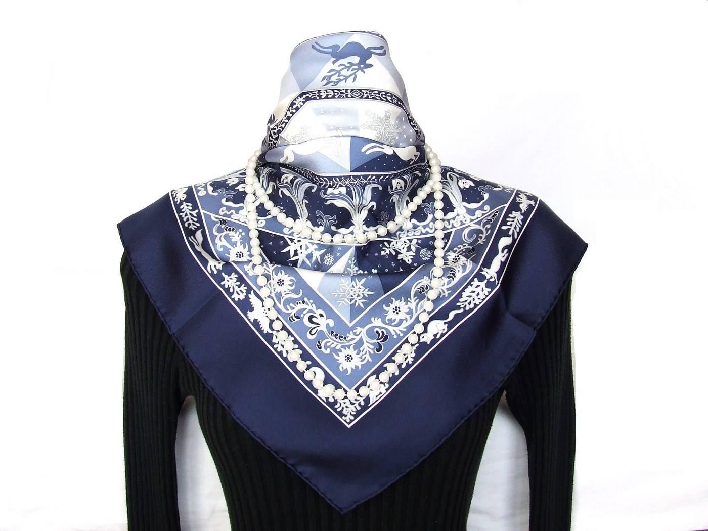 Authentic Hermes Silk Scarf Fleurs d Hiver Blue Laroche 90 cm 5