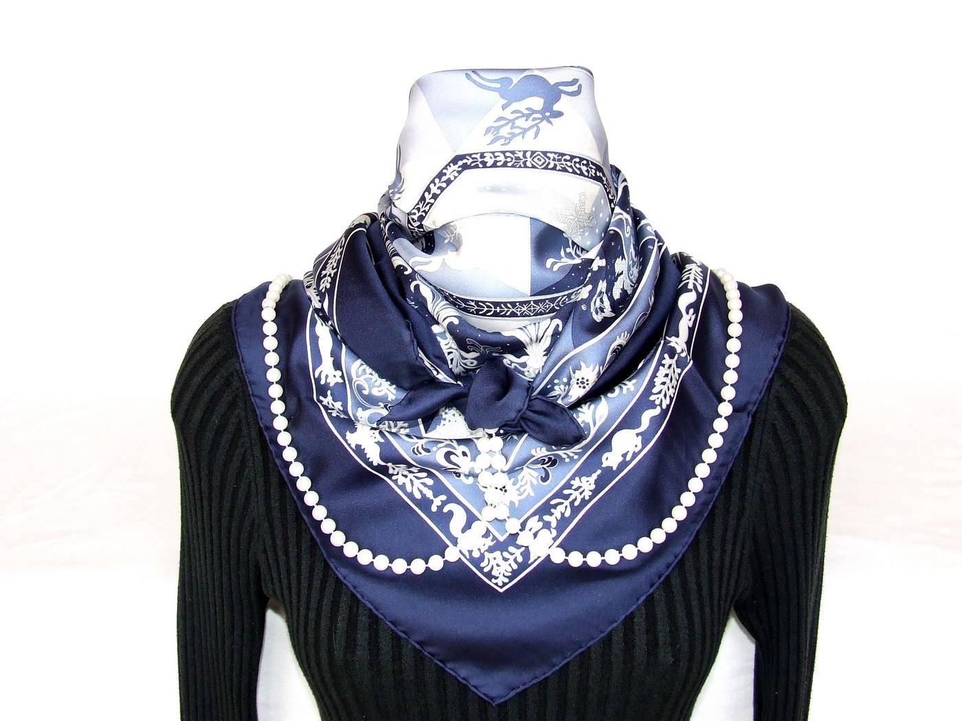 Authentic Hermes Silk Scarf Fleurs d Hiver Blue Laroche 90 cm 6