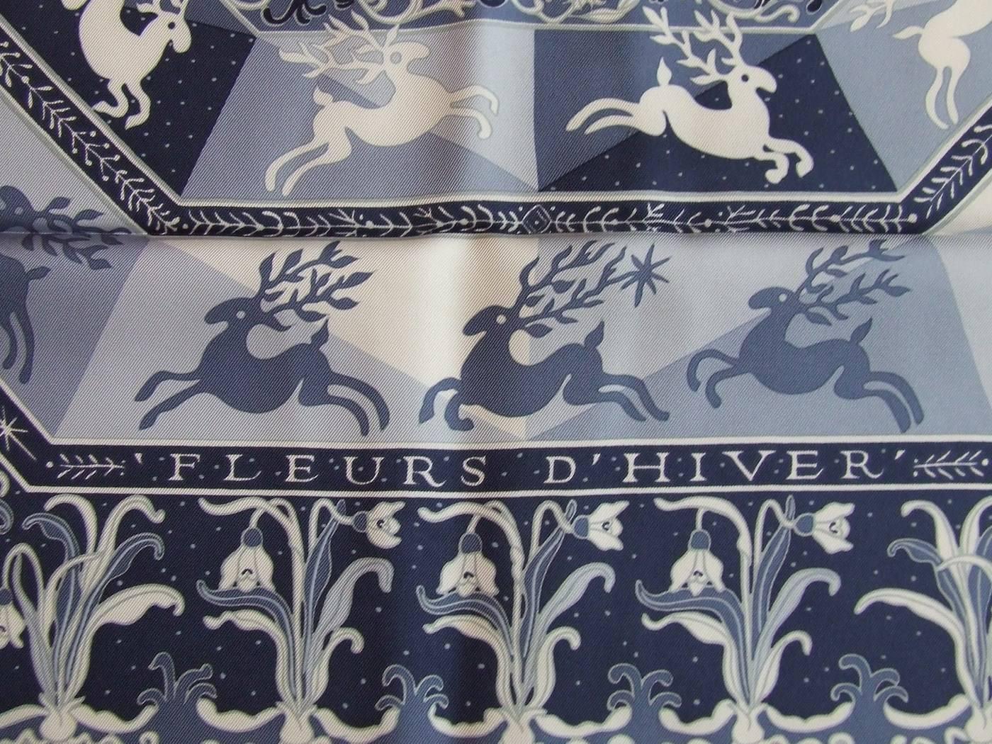 Women's Authentic Hermes Silk Scarf Fleurs d Hiver Blue Laroche 90 cm