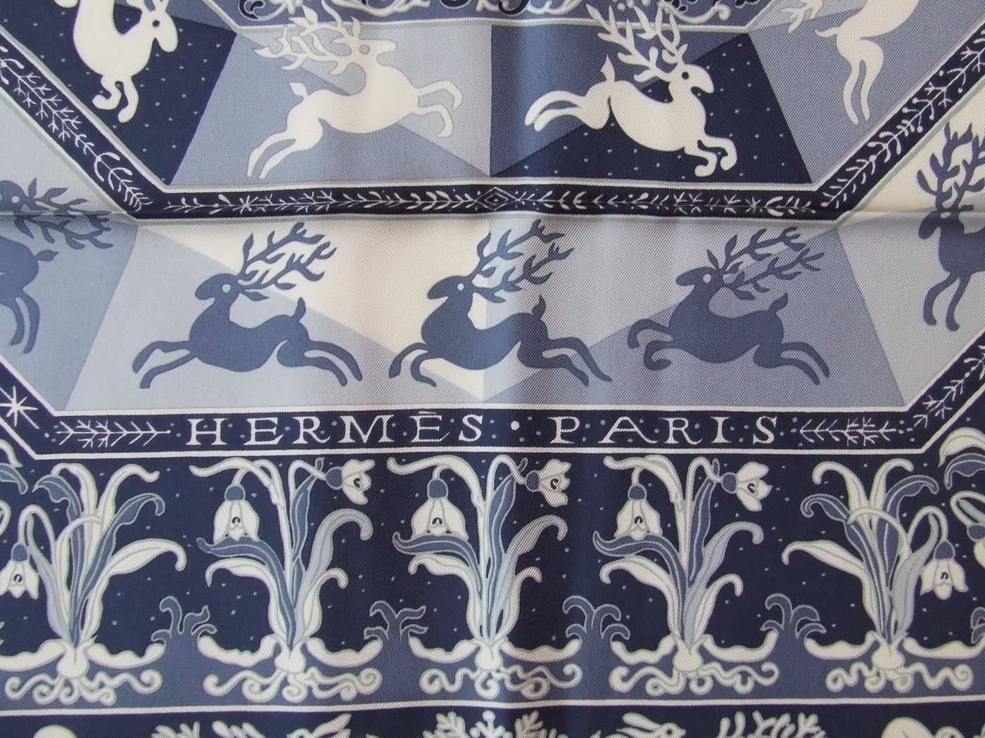 Authentic Hermes Silk Scarf Fleurs d Hiver Blue Laroche 90 cm 1