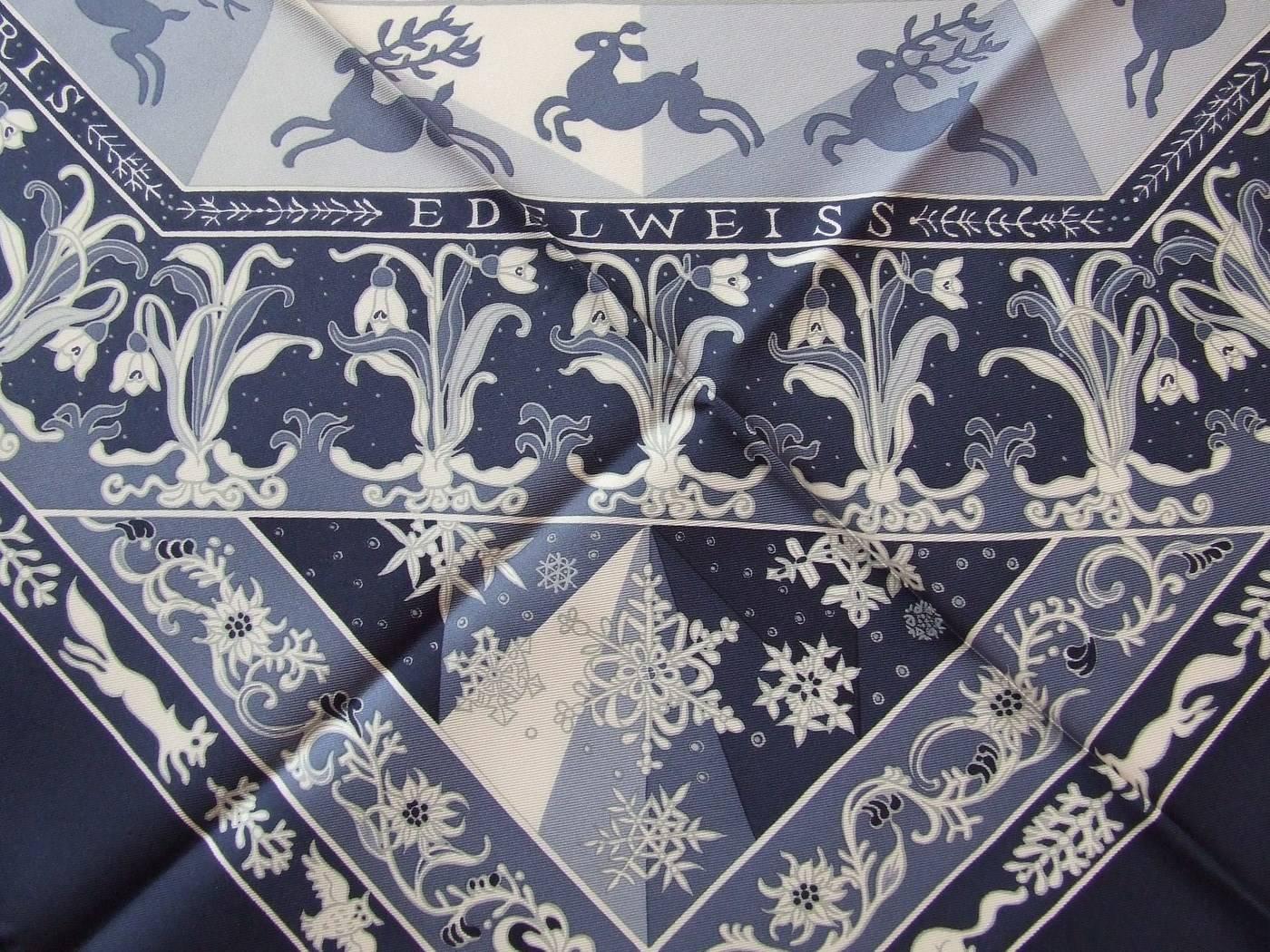 Authentic Hermes Silk Scarf Fleurs d Hiver Blue Laroche 90 cm 2