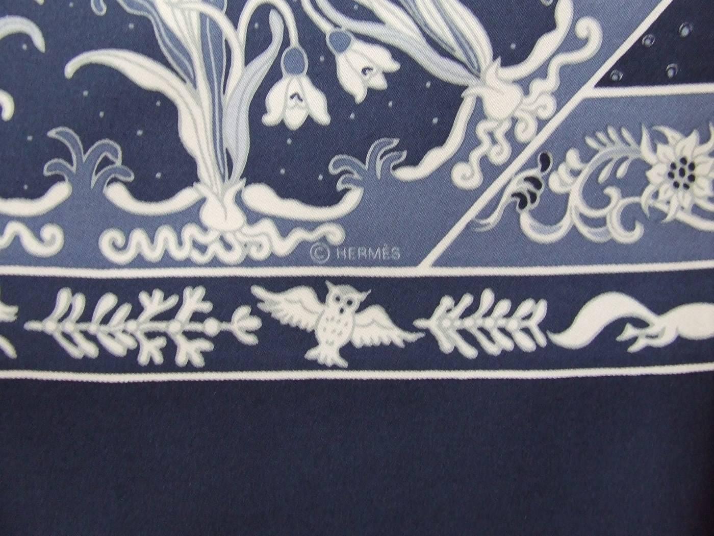 Authentic Hermes Silk Scarf Fleurs d Hiver Blue Laroche 90 cm 4