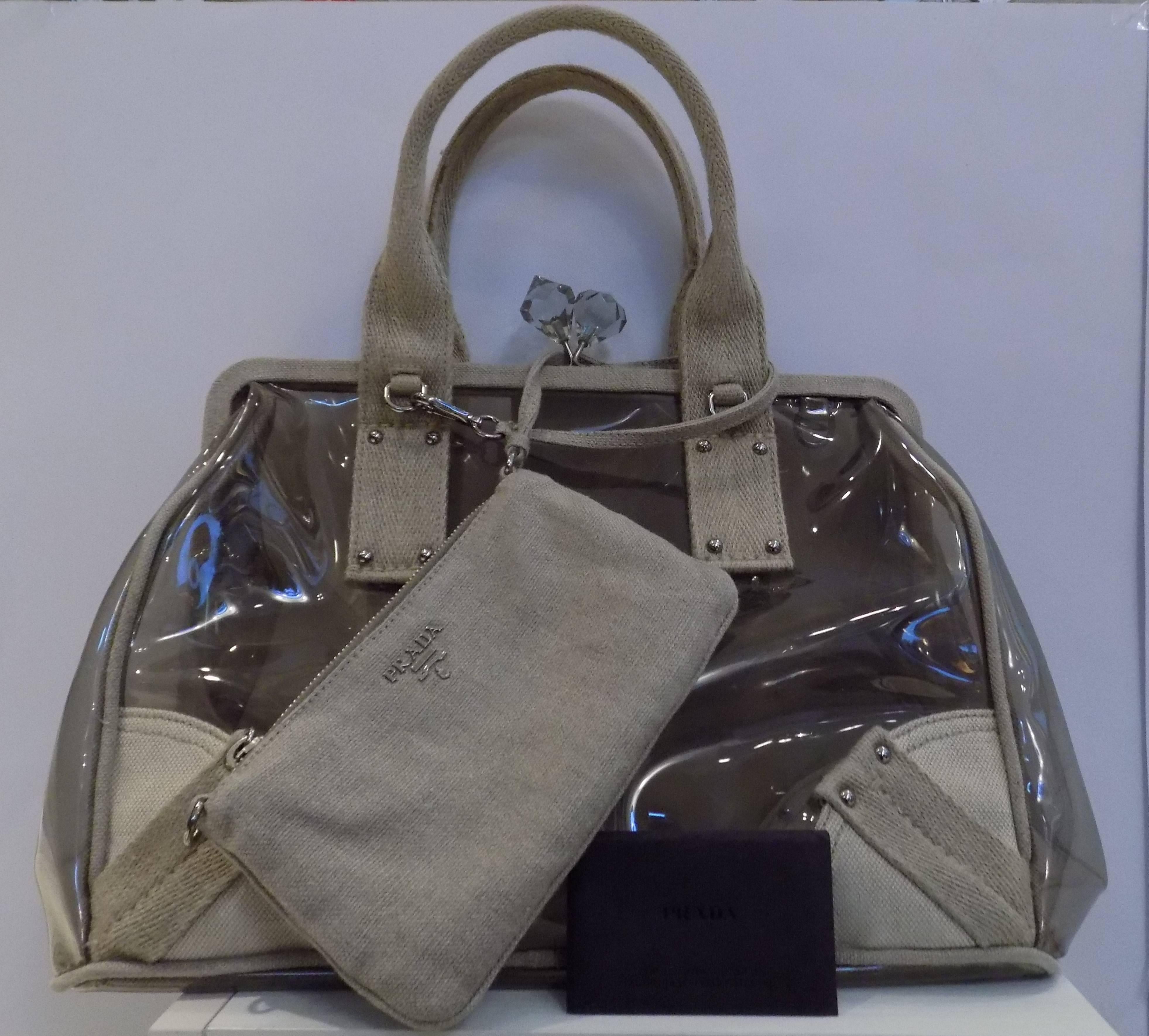 Prada Nude tone PVC Bag  with Svarovsky 
Dark Beige PVC and Linen Framed Top Bag 