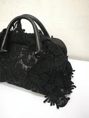 2007s Prada Black Pizzo Lace Covered Leather Bowling Bag