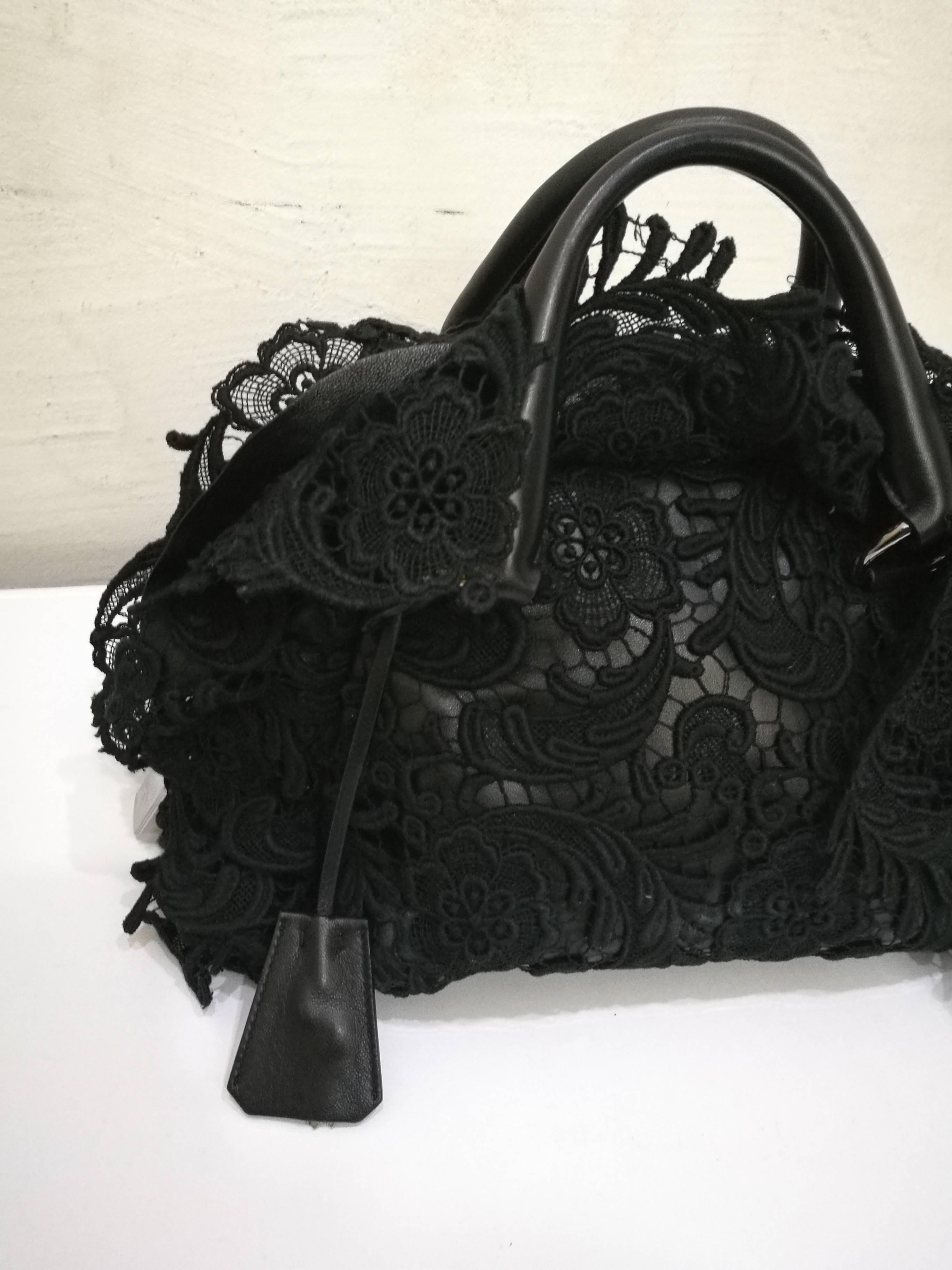 2007s Prada Black Pizzo Lace Covered Leather Bowling Bag  2