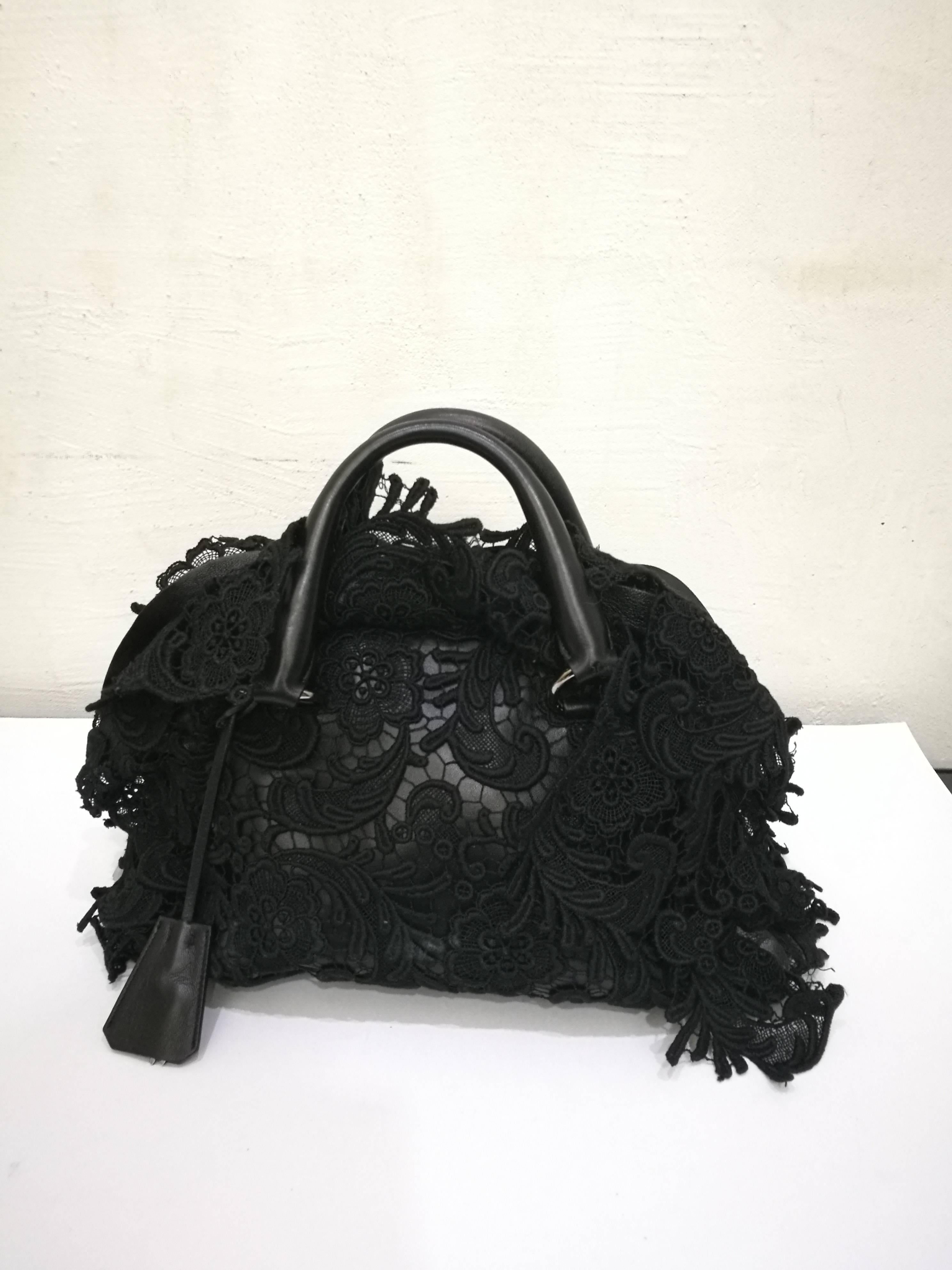 2007s Prada Black Pizzo Lace Covered Leather Bowling Bag  3
