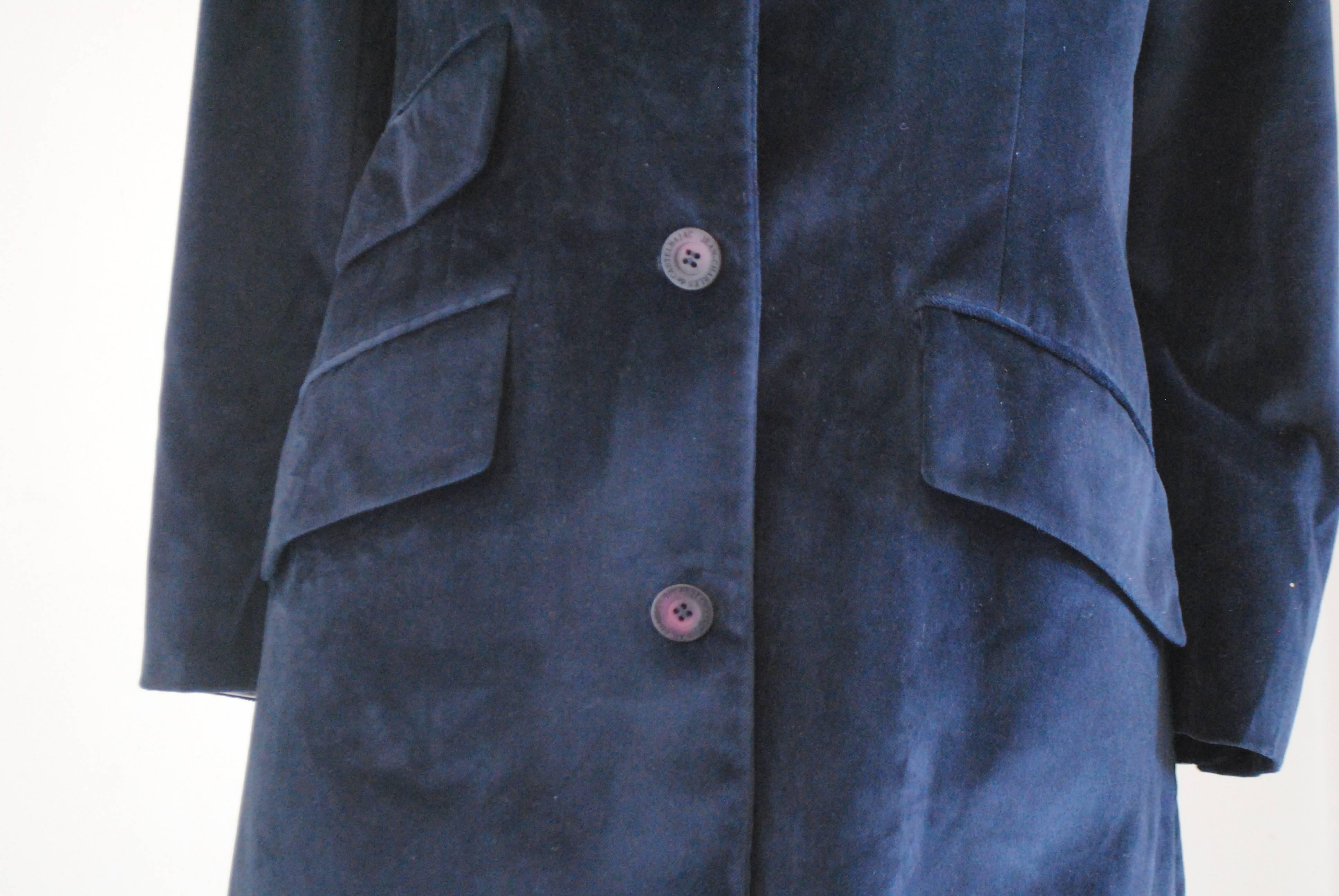 1980s Jean-Charles De Castelbajac Blu Velvet Coat For Sale 3