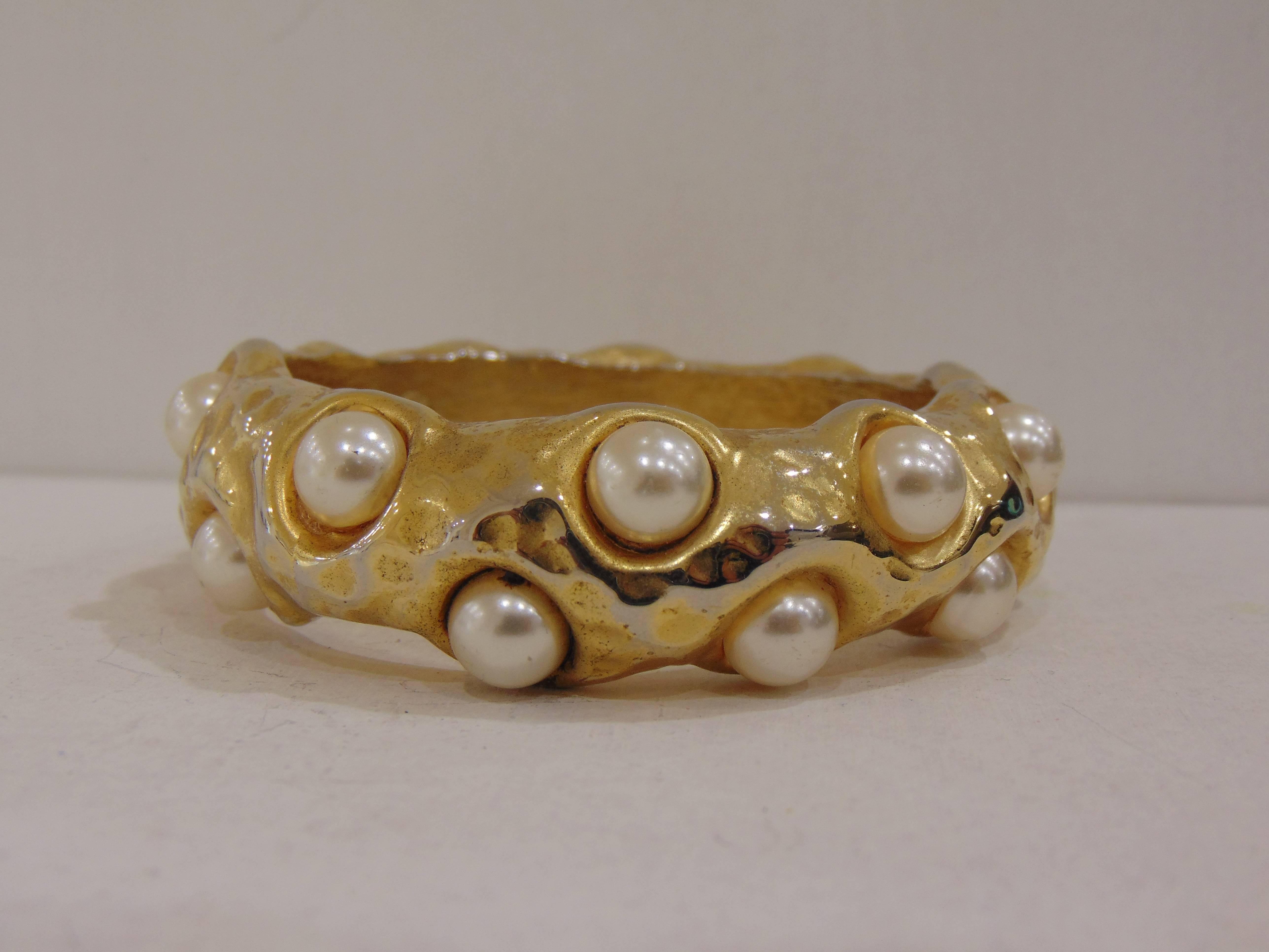 Women's or Men's 1980s La porte bleue gold tone faux pearls bracelet bangle For Sale