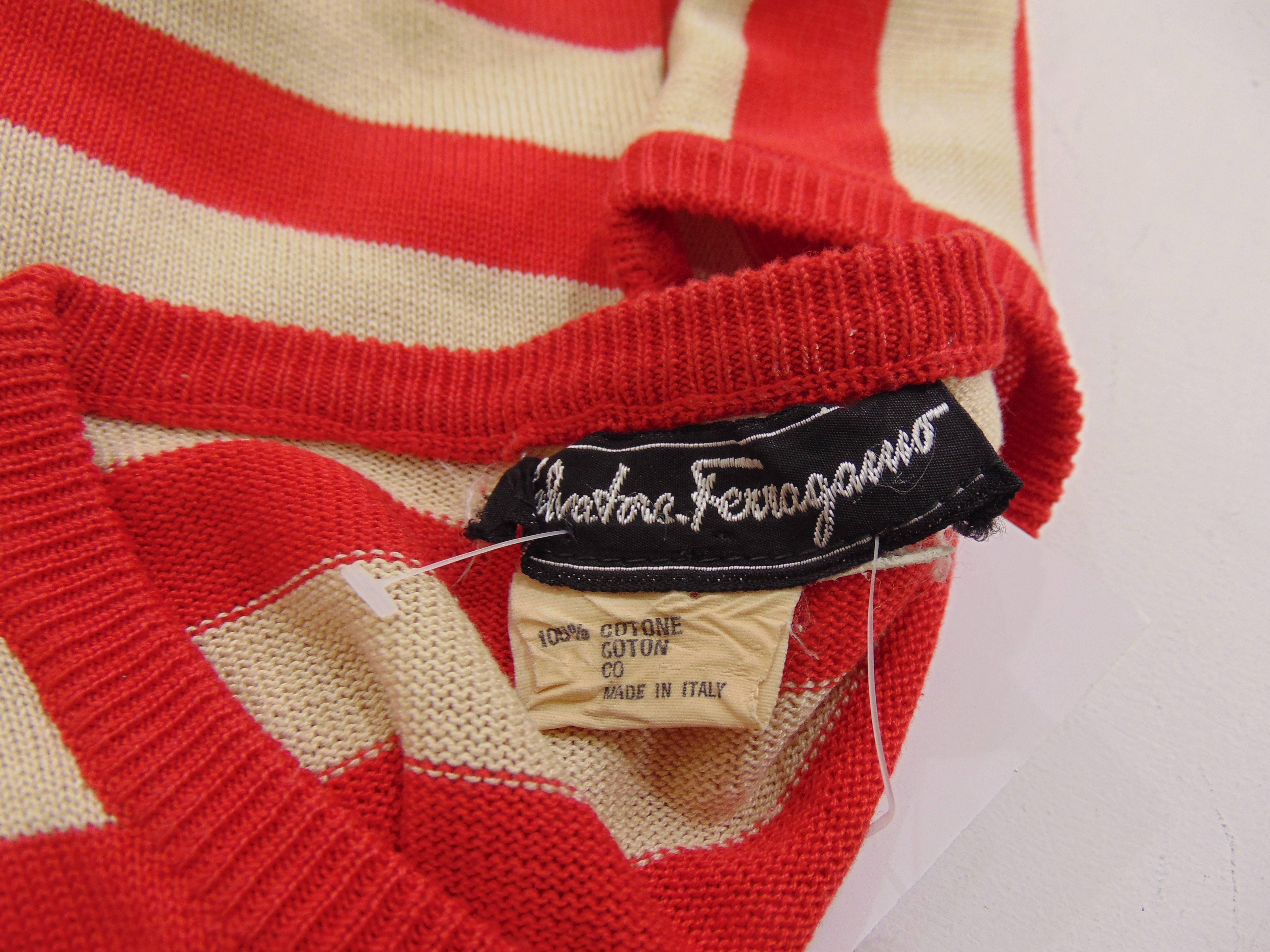White Salvatore Ferragamo red cream stripes short sleeves cotton shirt For Sale