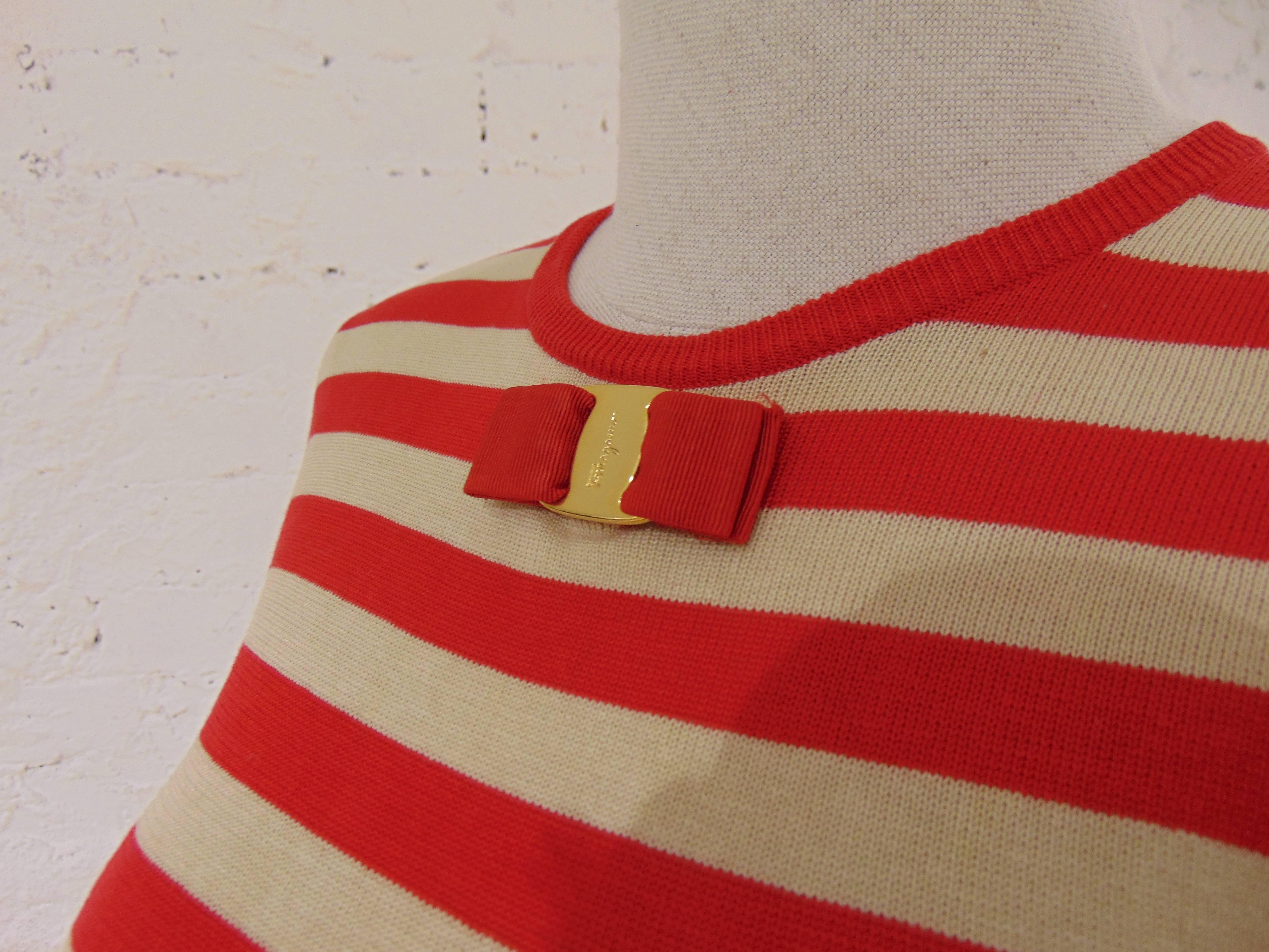 Salvatore Ferragamo red cream stripes short sleeves cotton shirt In Excellent Condition For Sale In Capri, IT
