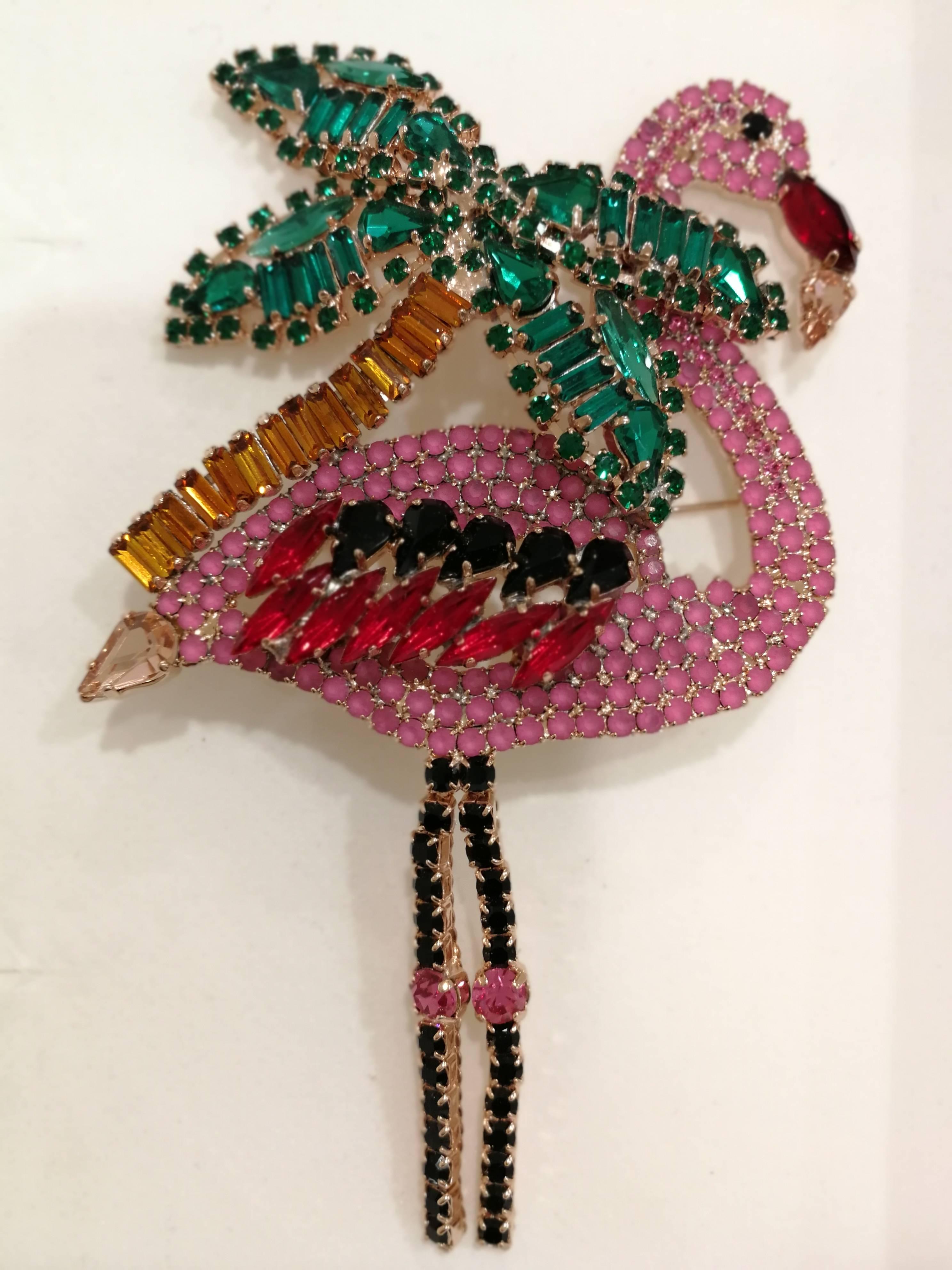 Lisa C. Pink Flamingo Palm Brooch - Pin In New Condition In Capri, IT