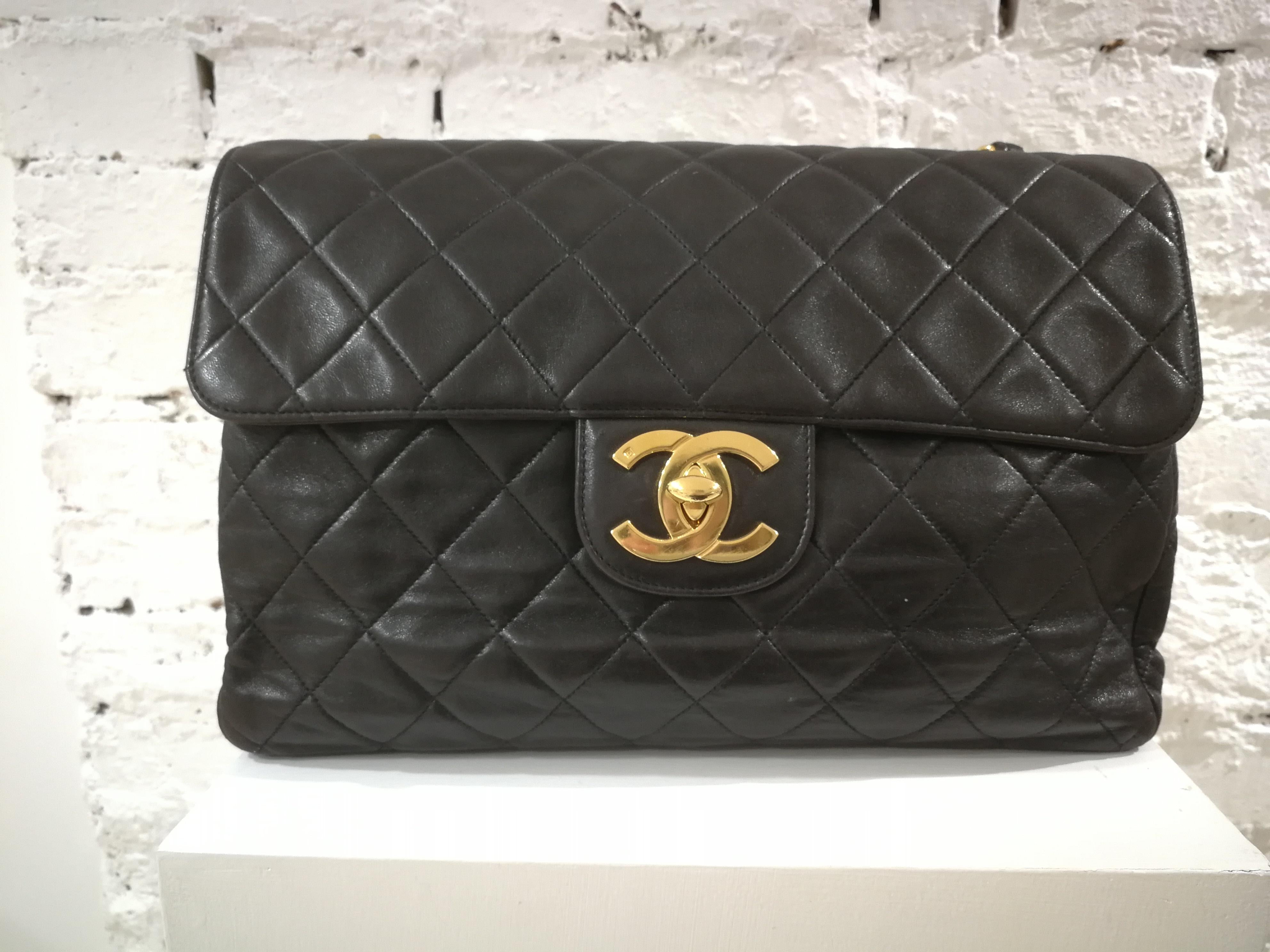 1990s Chanel Black Leather Jumbo Shoulder Bag 7