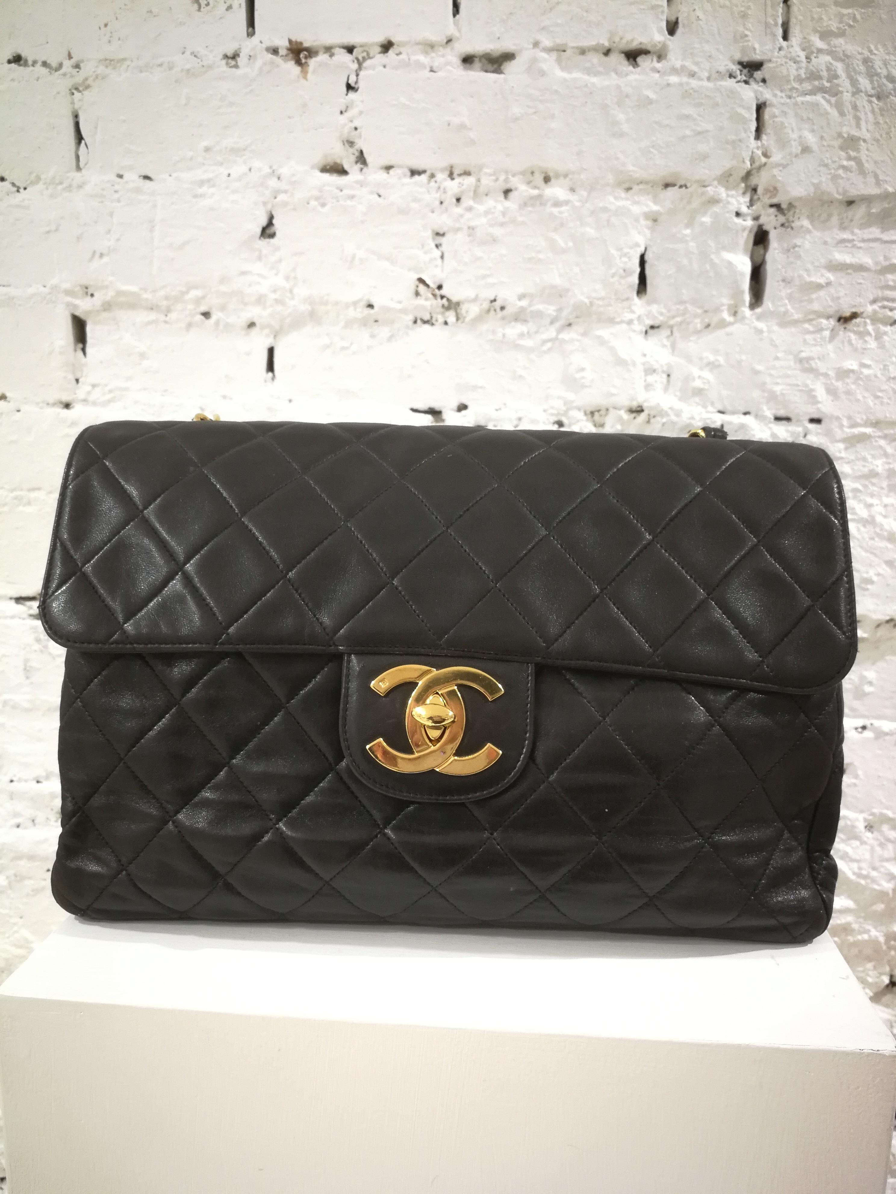 1990s Chanel Black Leather Jumbo Shoulder Bag 10