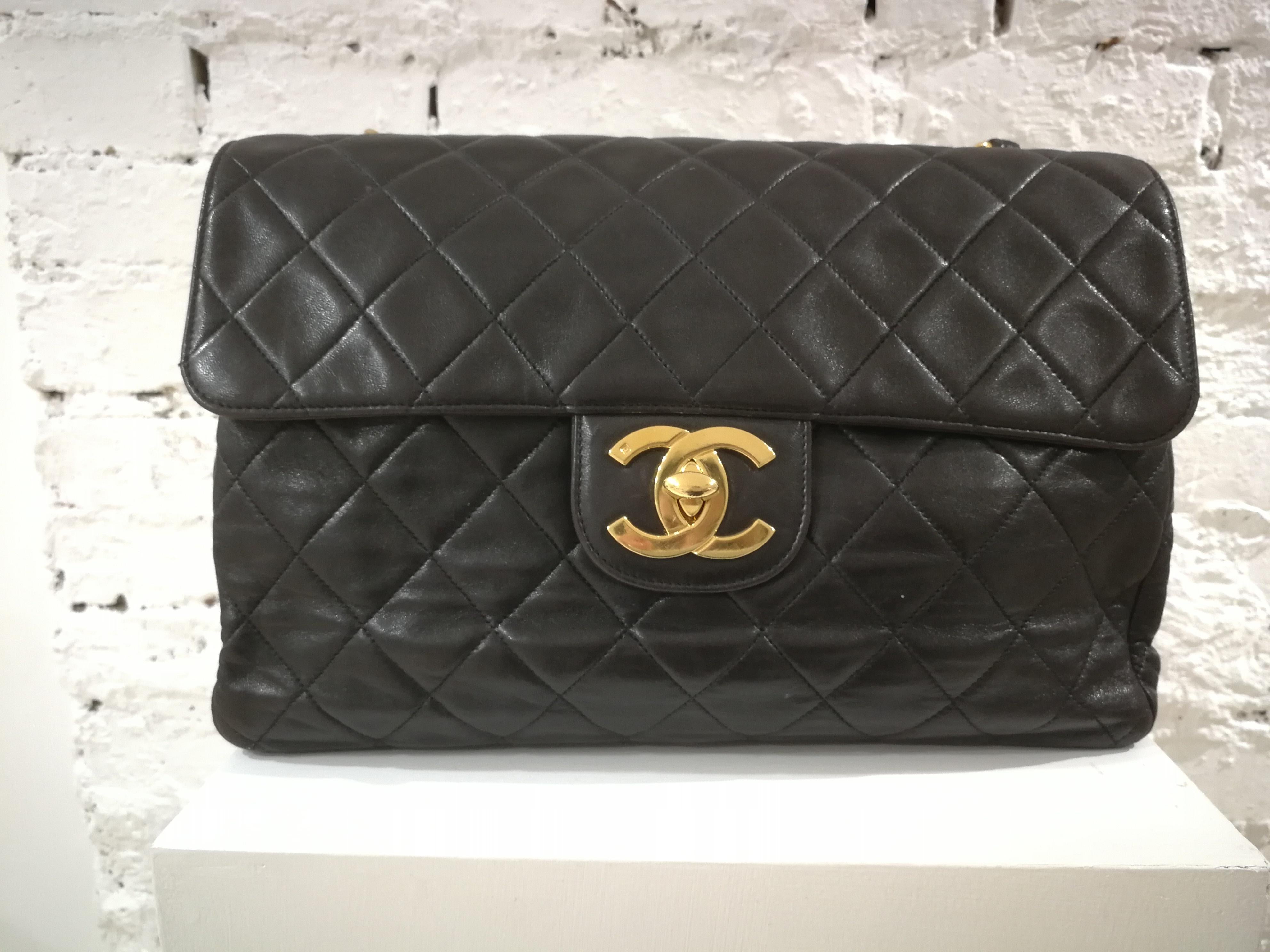 1990s Chanel Black Leather Jumbo Shoulder Bag 8