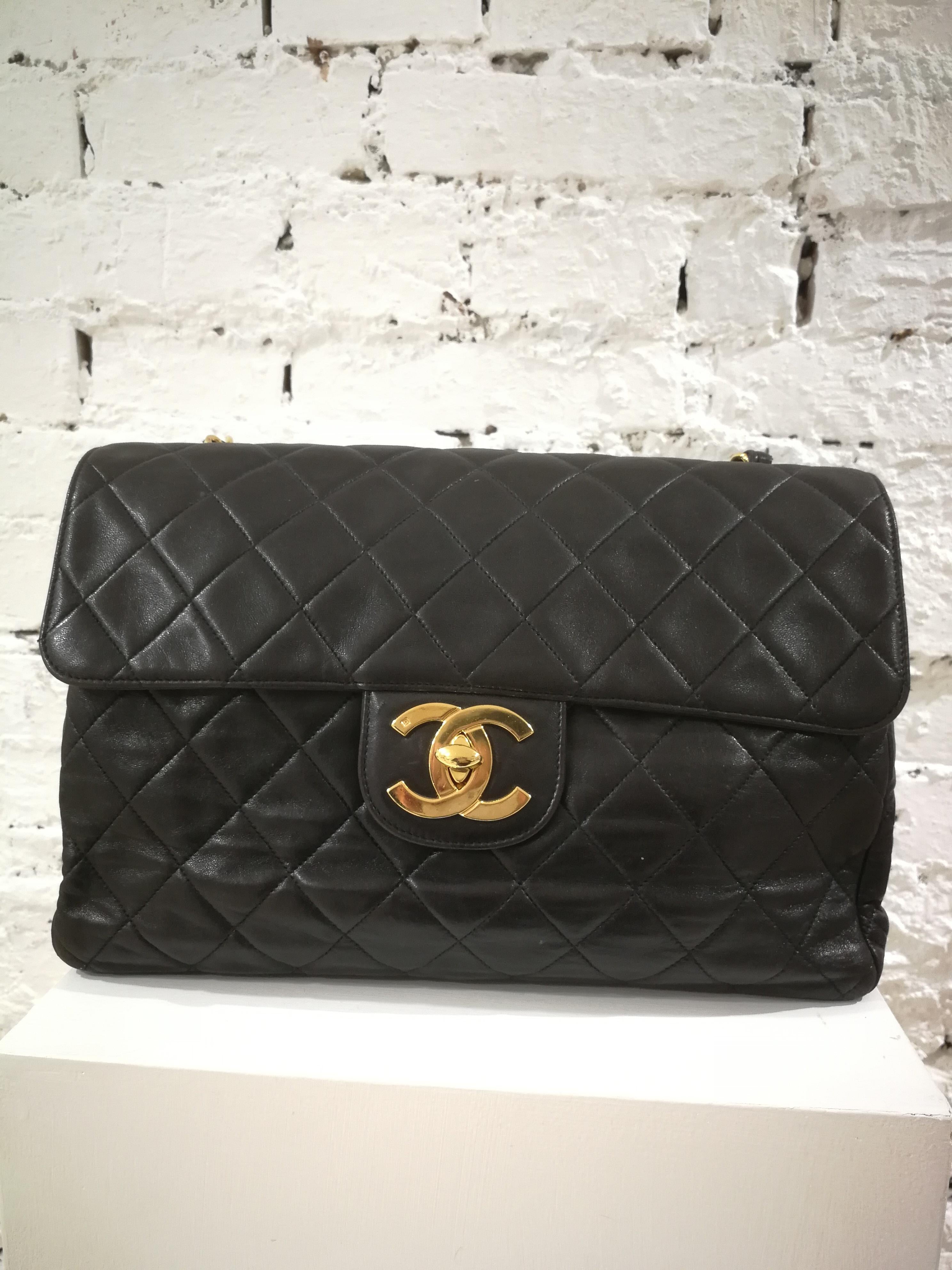 1990s Chanel Black Leather Jumbo Shoulder Bag 11