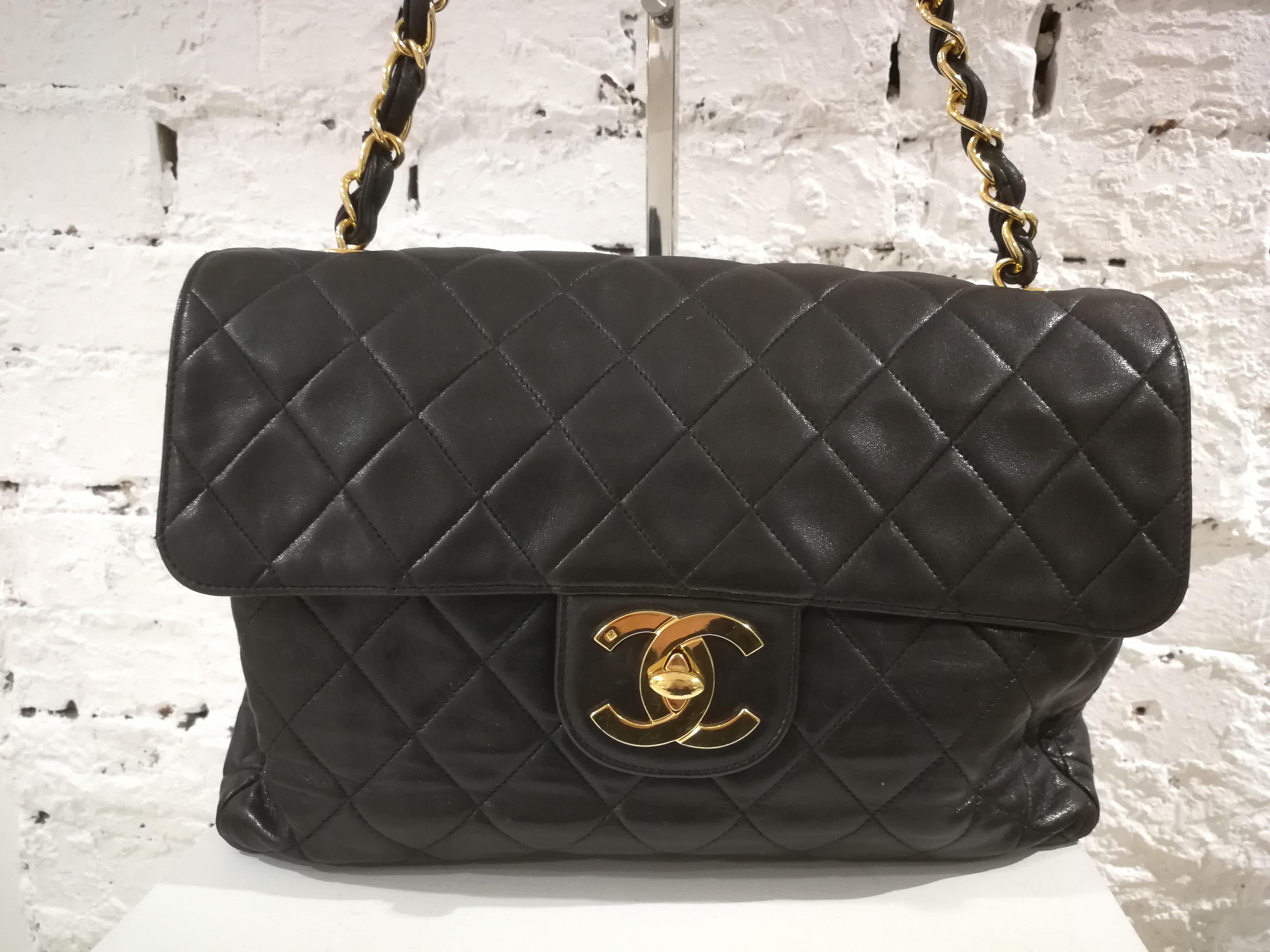 1990s Chanel Black Leather Jumbo Shoulder Bag 12