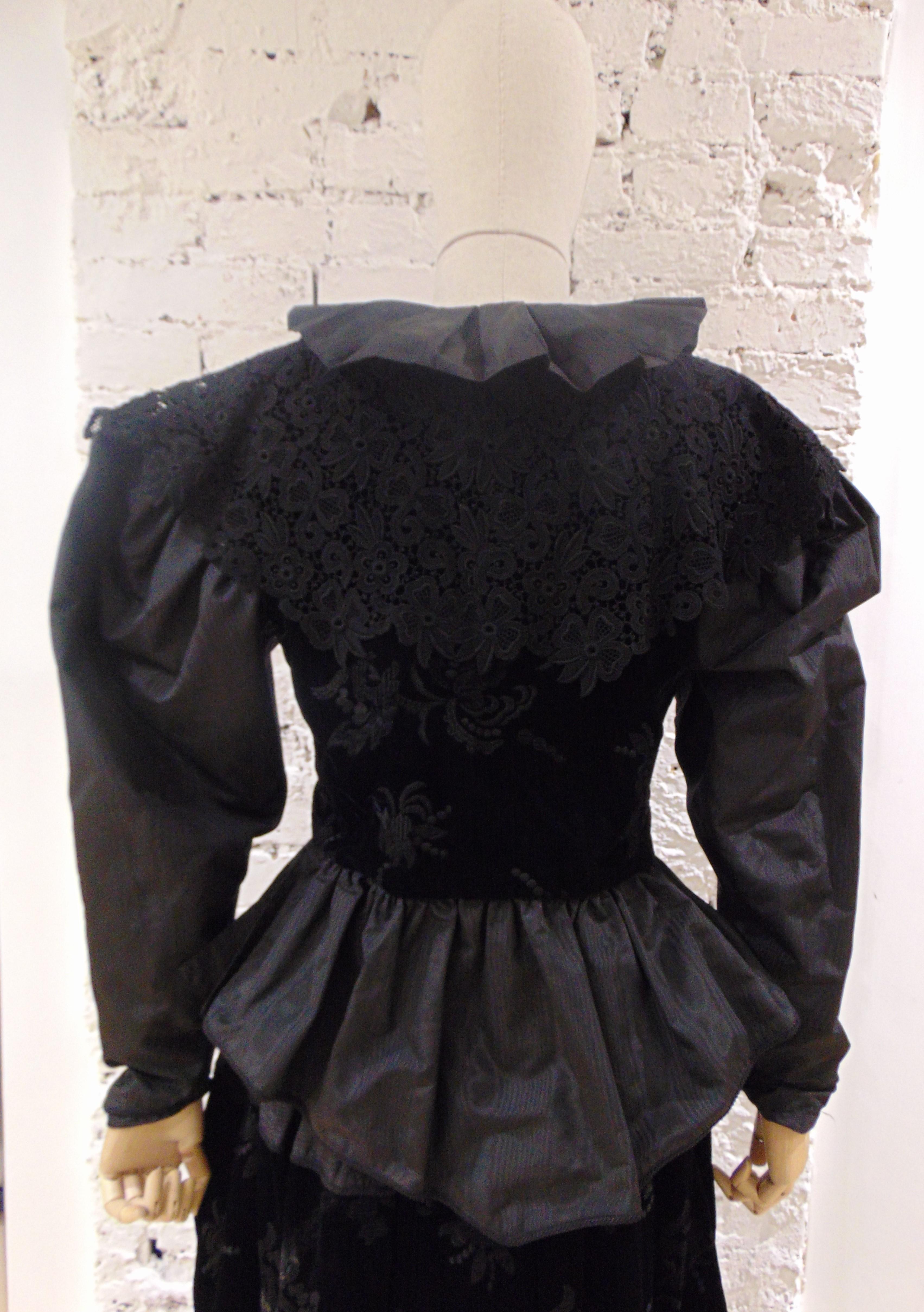 Claude Montana Black Silk Velvet Lace Skirt Suit 3