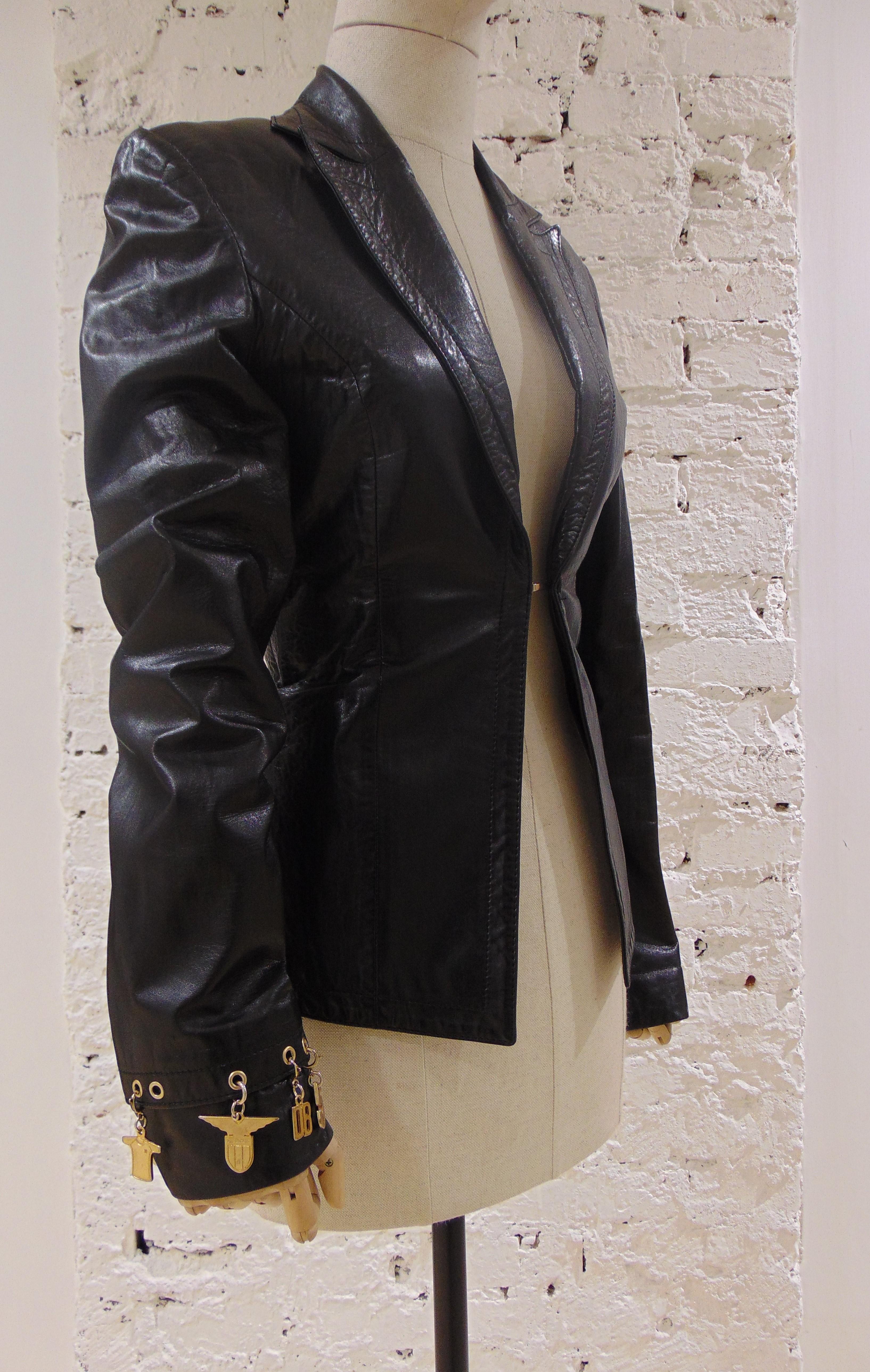 Dirk Bikkembergs Black Leather Jacket Gold Tone charms 4