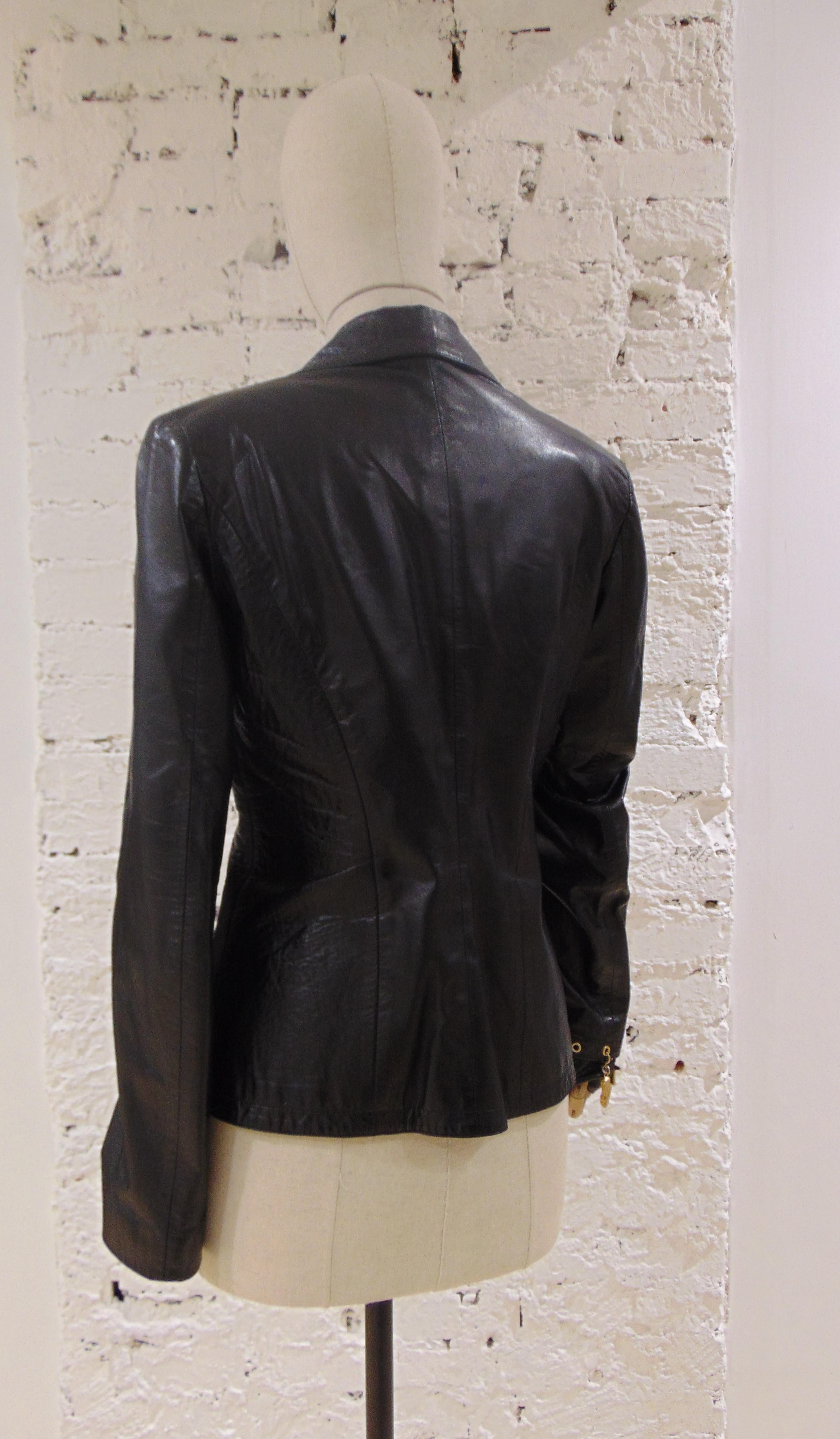 Dirk Bikkembergs Black Leather Jacket Gold Tone charms 5