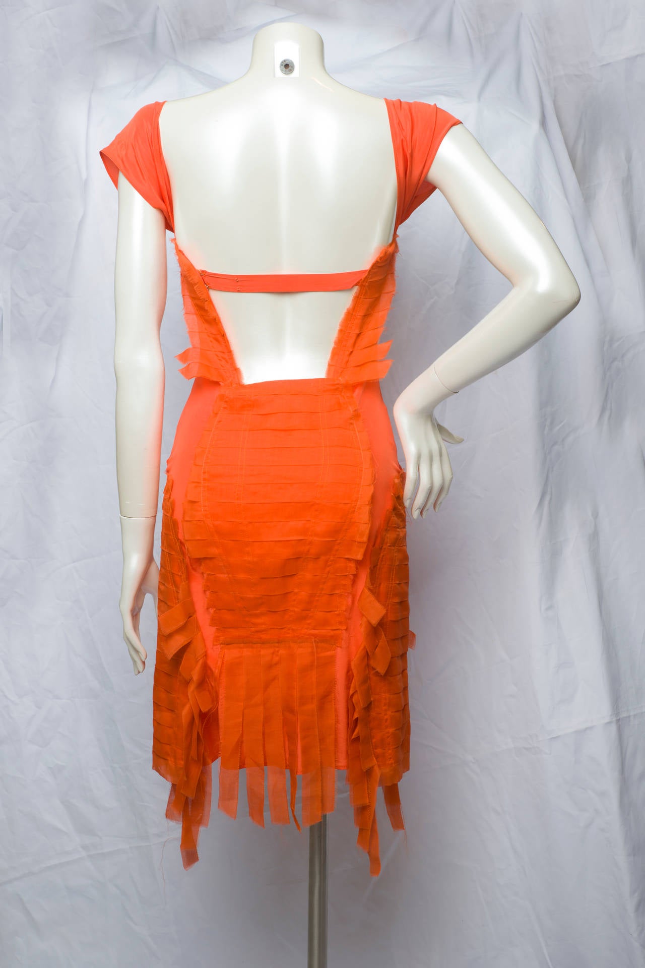 2000s Gucci Orange silk pleated fringe sleeveless sheath cocktail dress.