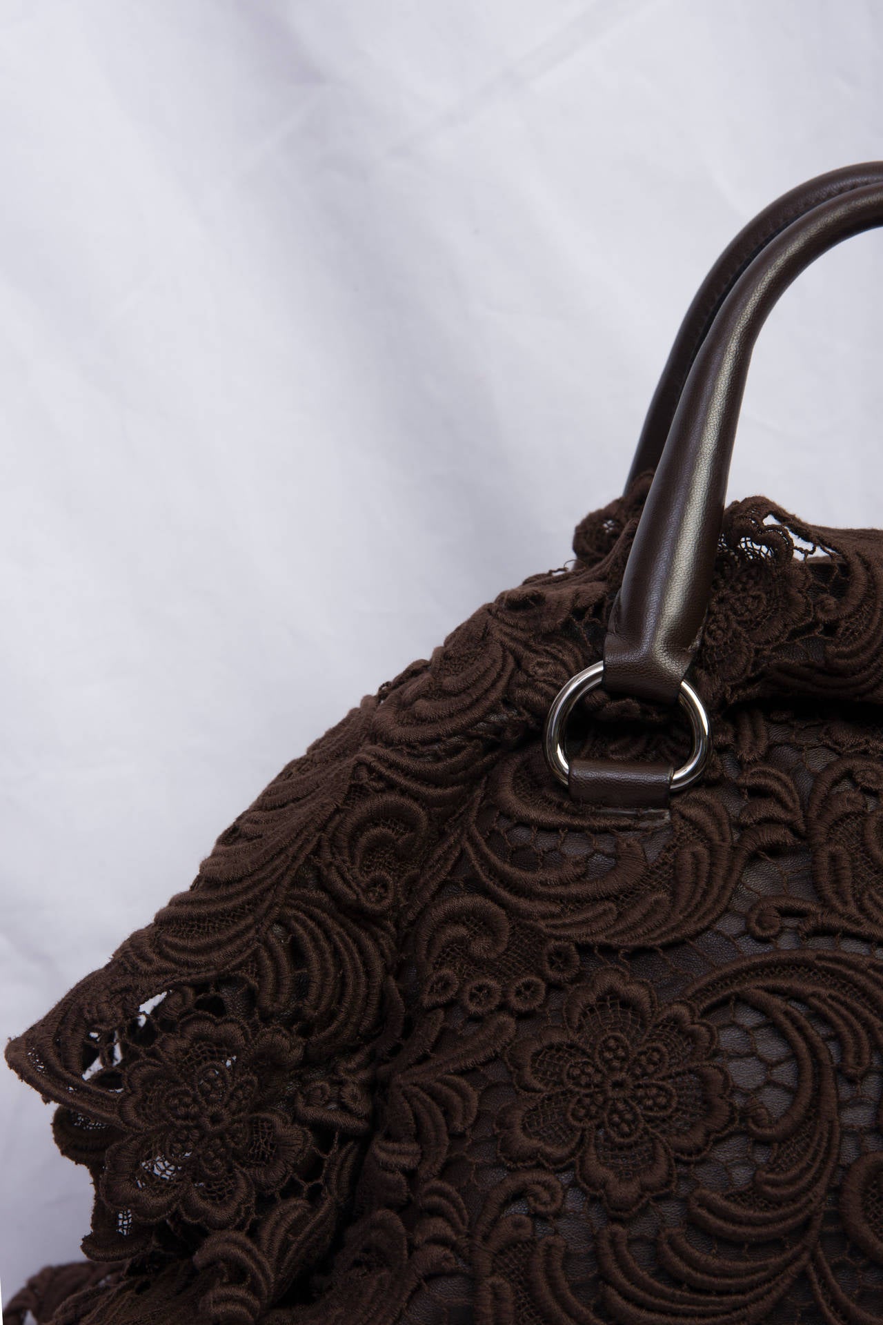 2007s Prada Pizzo Lace Covered Leather Bowling Bag in Brown