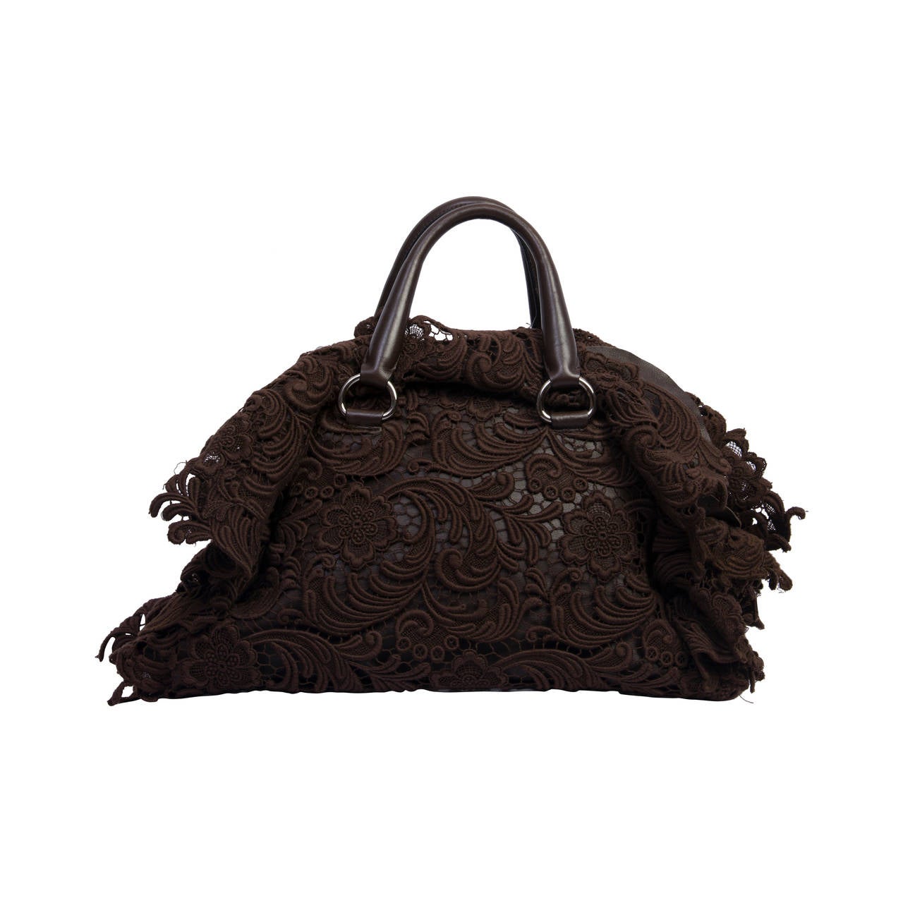 2007s Prada Pizzo Lace Covered Leather Bowling Bag in Brown