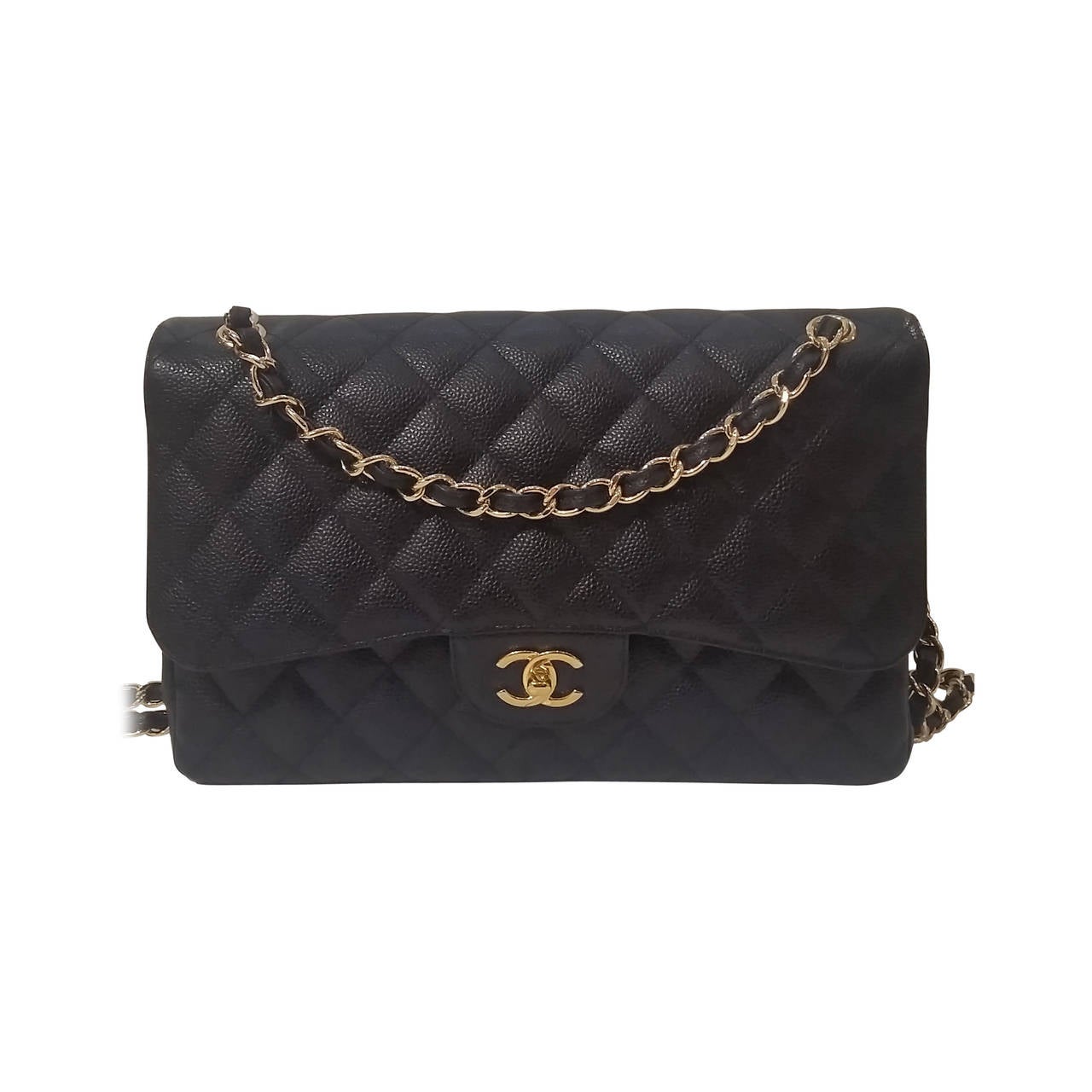 2012s Chanel Black Quilted Caviar Jumbo Classic Flap Bag Gold Hardware