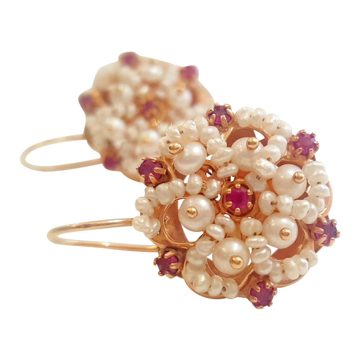 1950s 12kt gold Earrings with pearls and rubins For Sale at 1stDibs