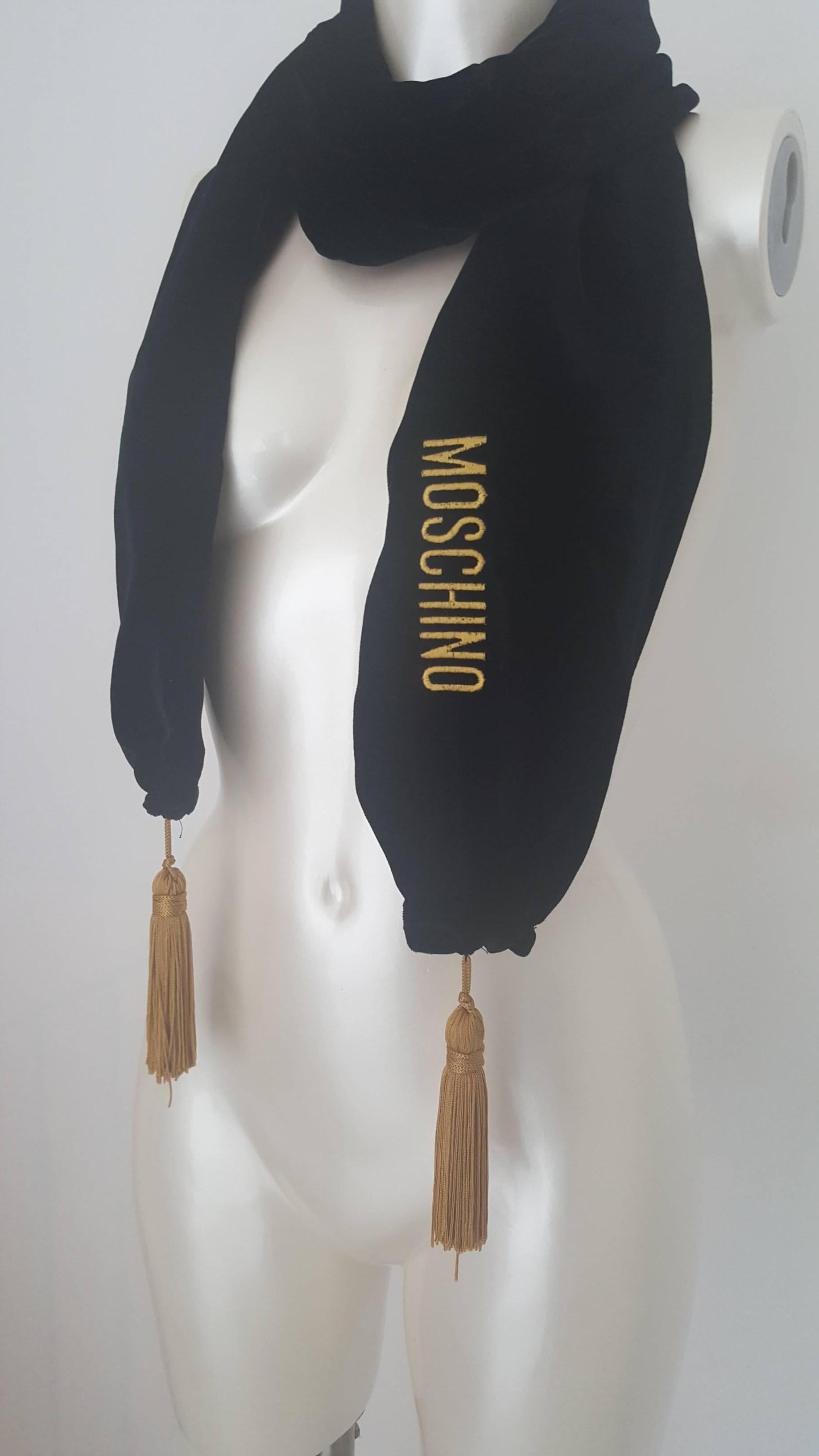 1980s Moschino black velvet scarf inspired by lawyer's and judge uniforms. 
