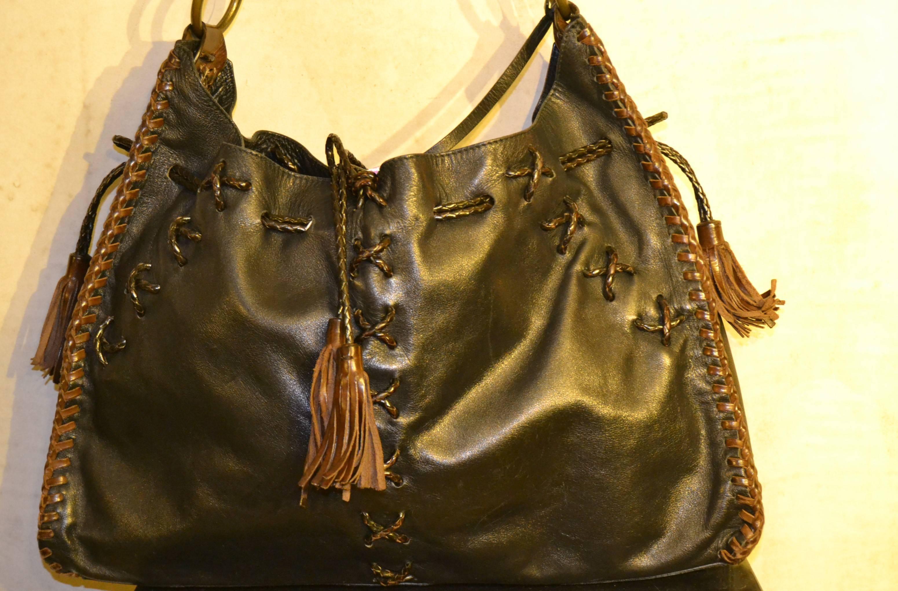 2000s Dolce & Gabbana black bag with fringes and brown all around