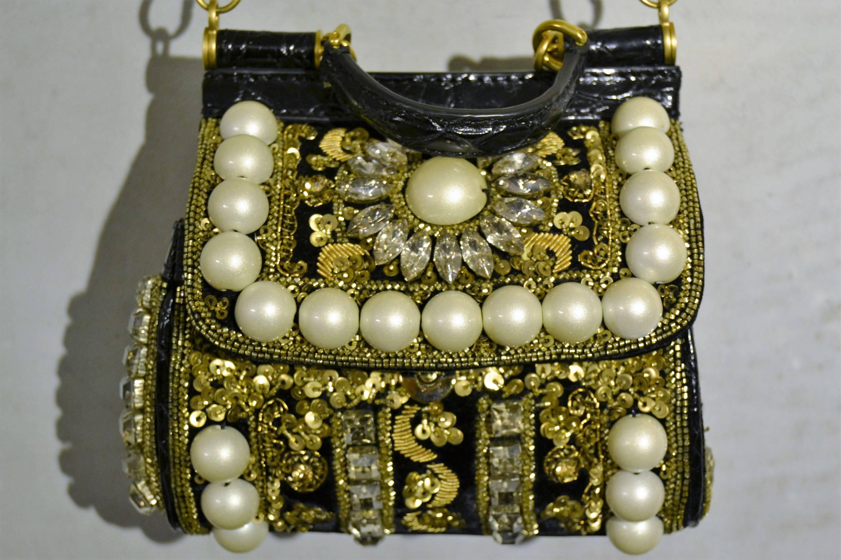 Brown 2014 Dolce & Gabbana Small Sicily bag with pearls