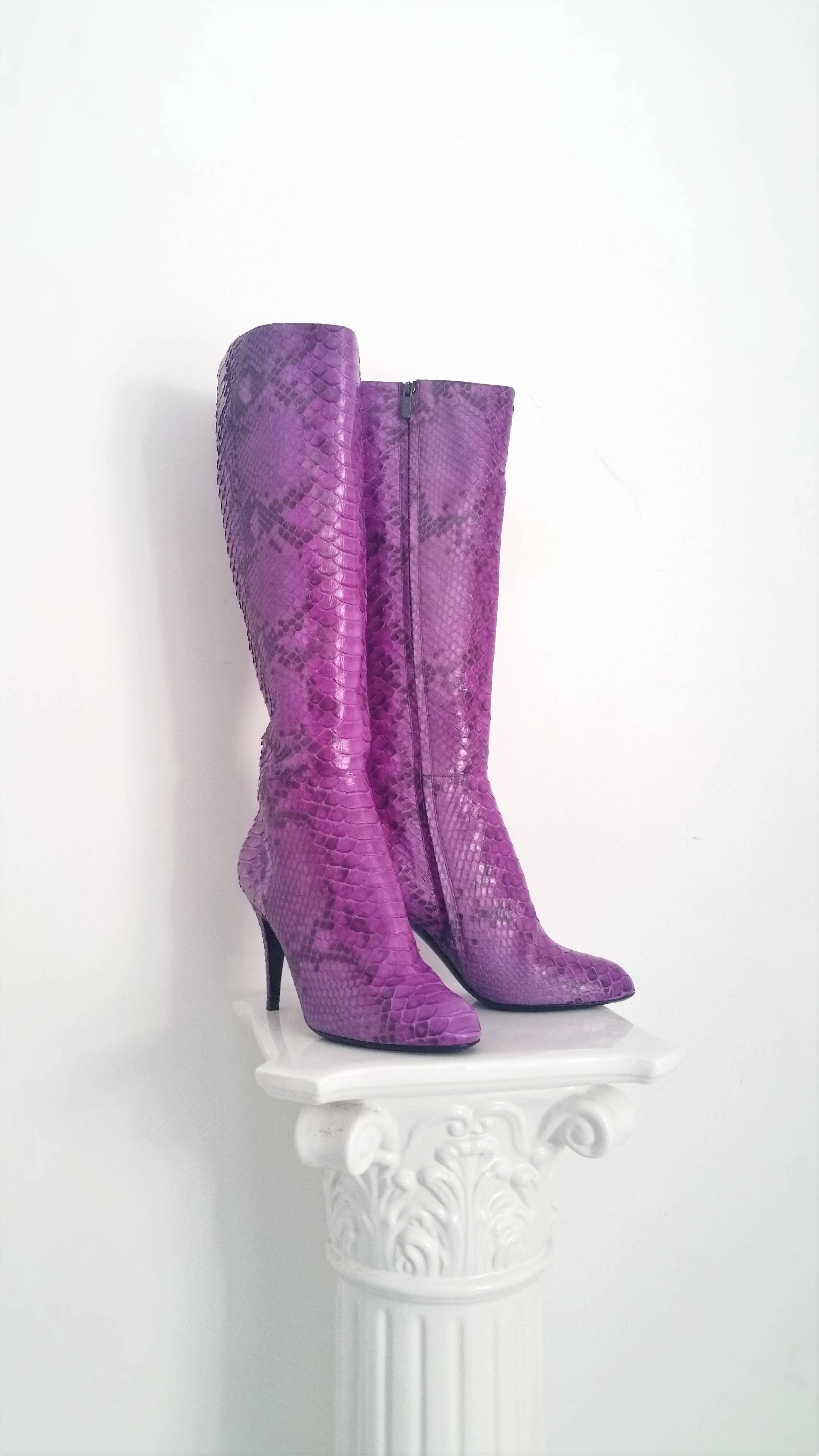 1990s Sergio Rossi unworn purple python boots 1