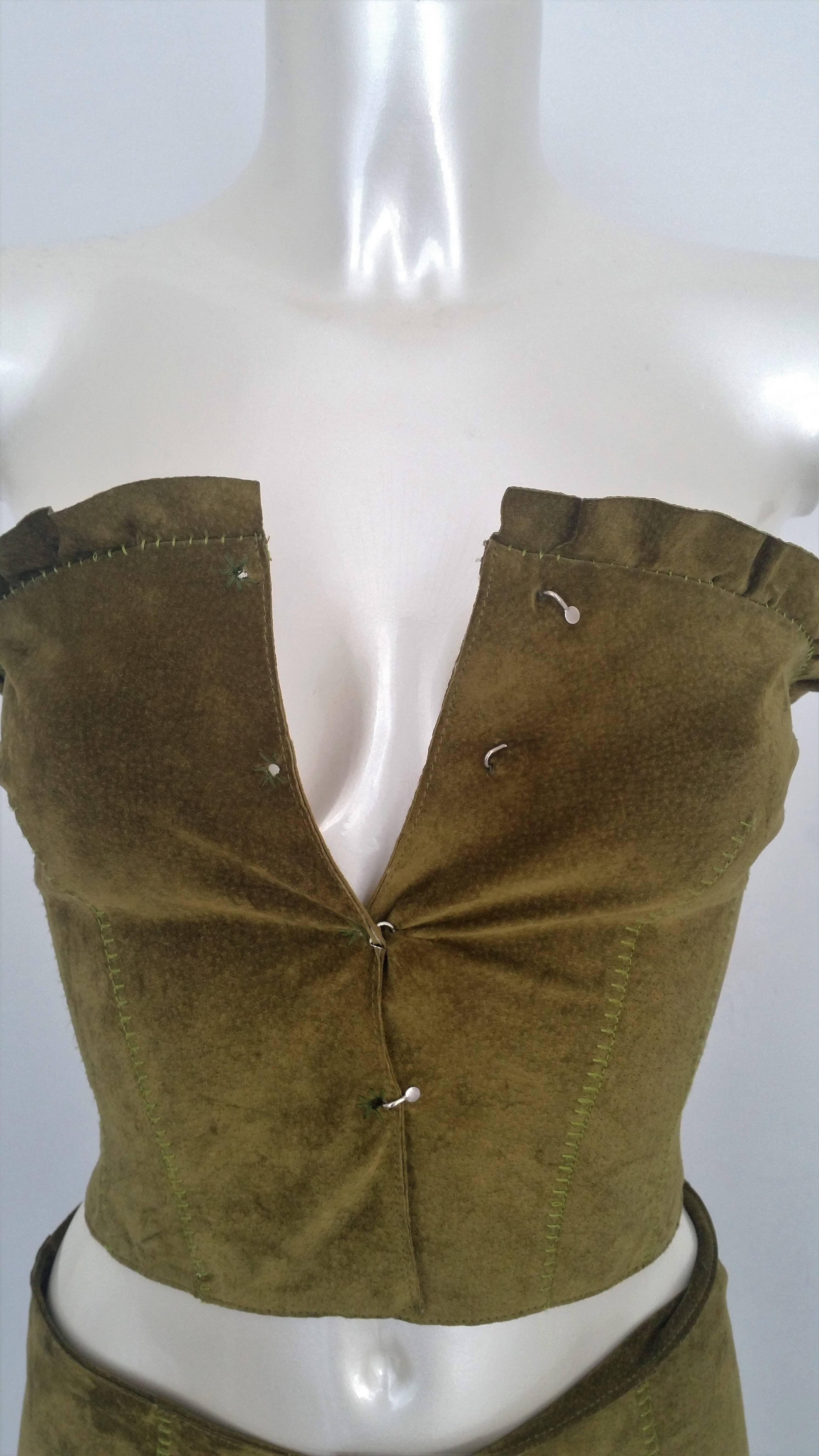 Brown 1990s Alberta Ferretti green leather top and skirt