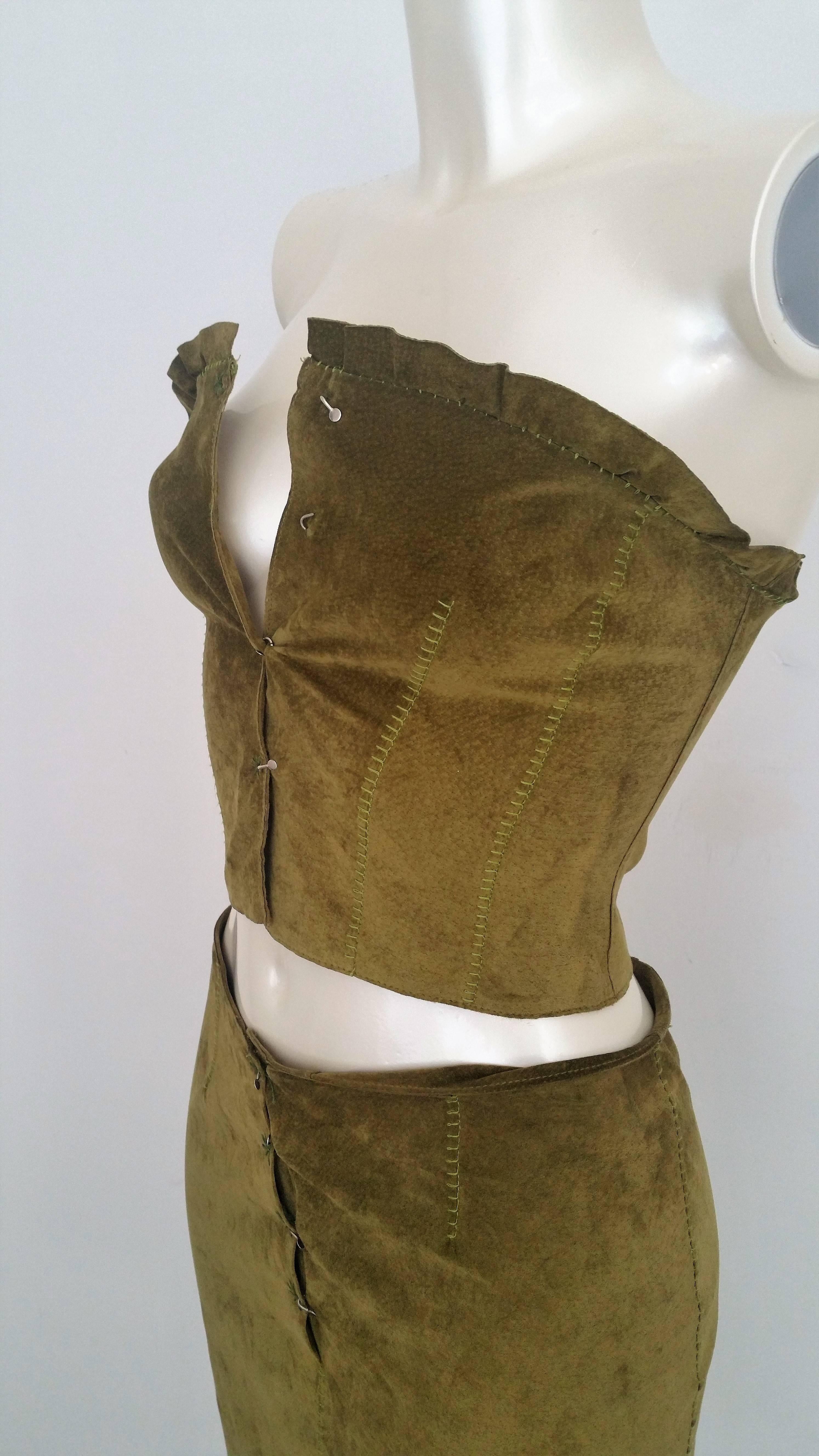 1990s Alberta Ferretti green leather top and skirt 1