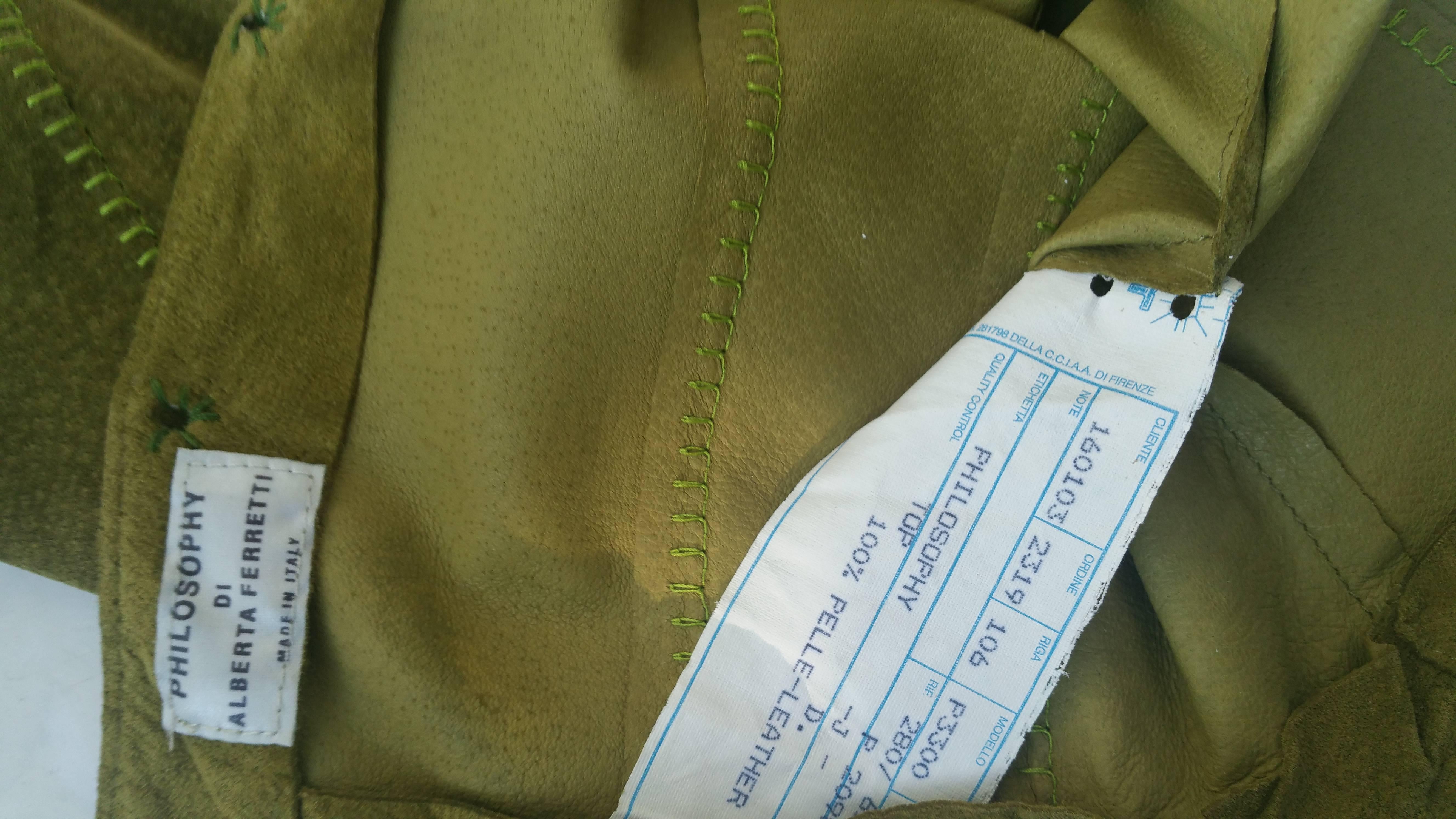 1990s Alberta Ferretti green leather top and skirt 2