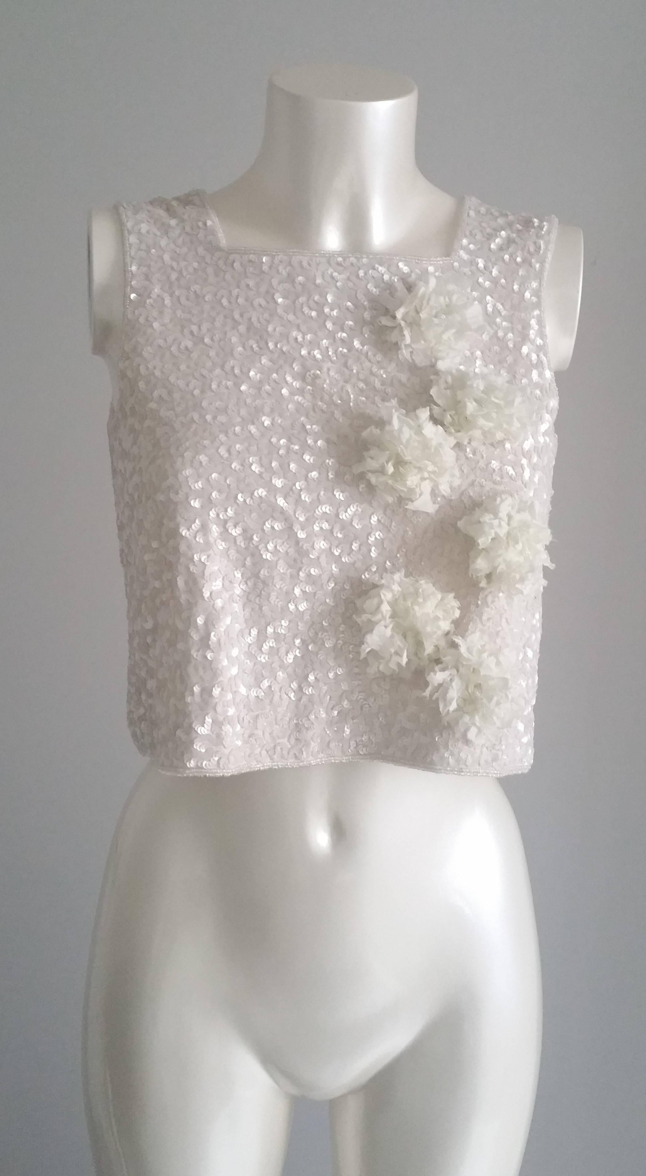 1970s Tailor made white with sequins shirt 
Flowers with small pearls on the left side 
Italian size range 