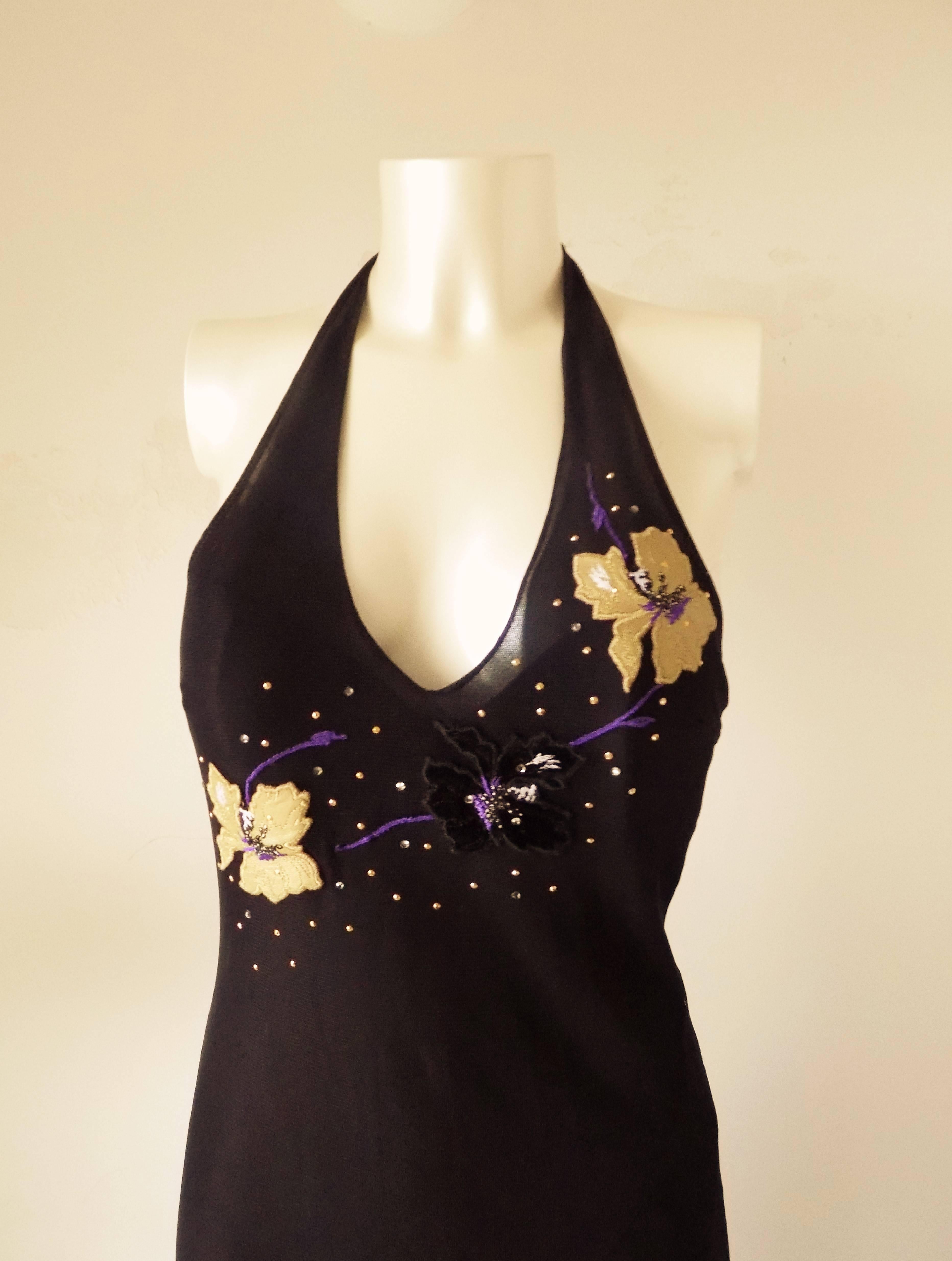 Purple 1990s Versace Jeans Couture Black long dress with flowers 