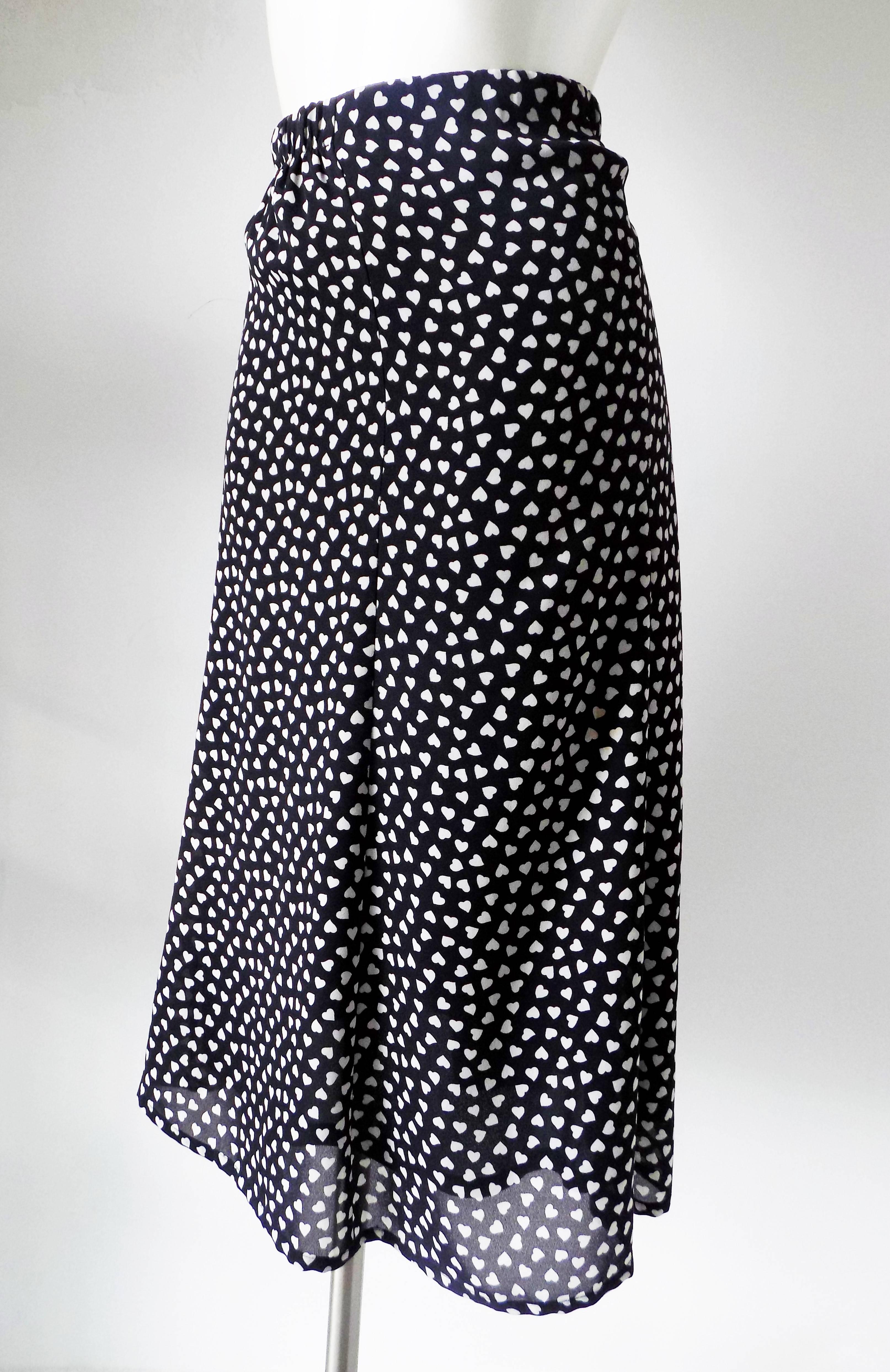 Black 1970s Pierre Cardin Long black skirt with white hearts