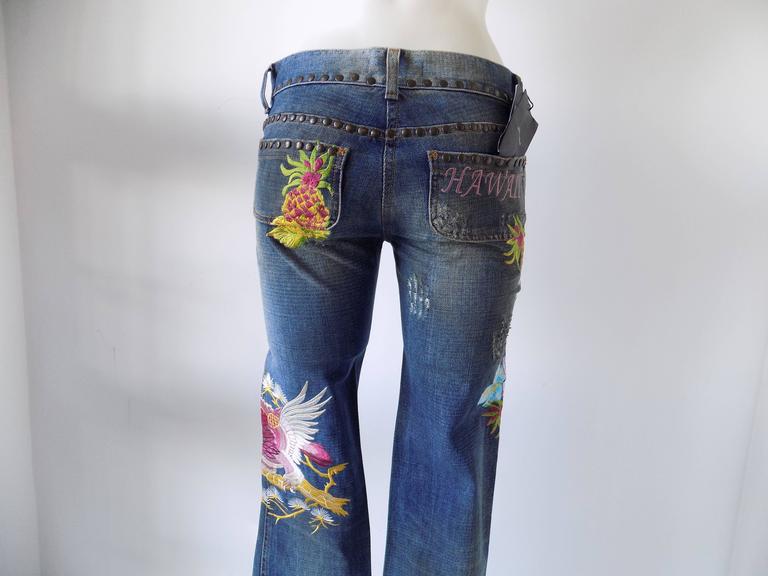 New Dolce & Gabbana Embroidered Jeans Hawaii Theme 5 Pocket Straight Leg  Size 42