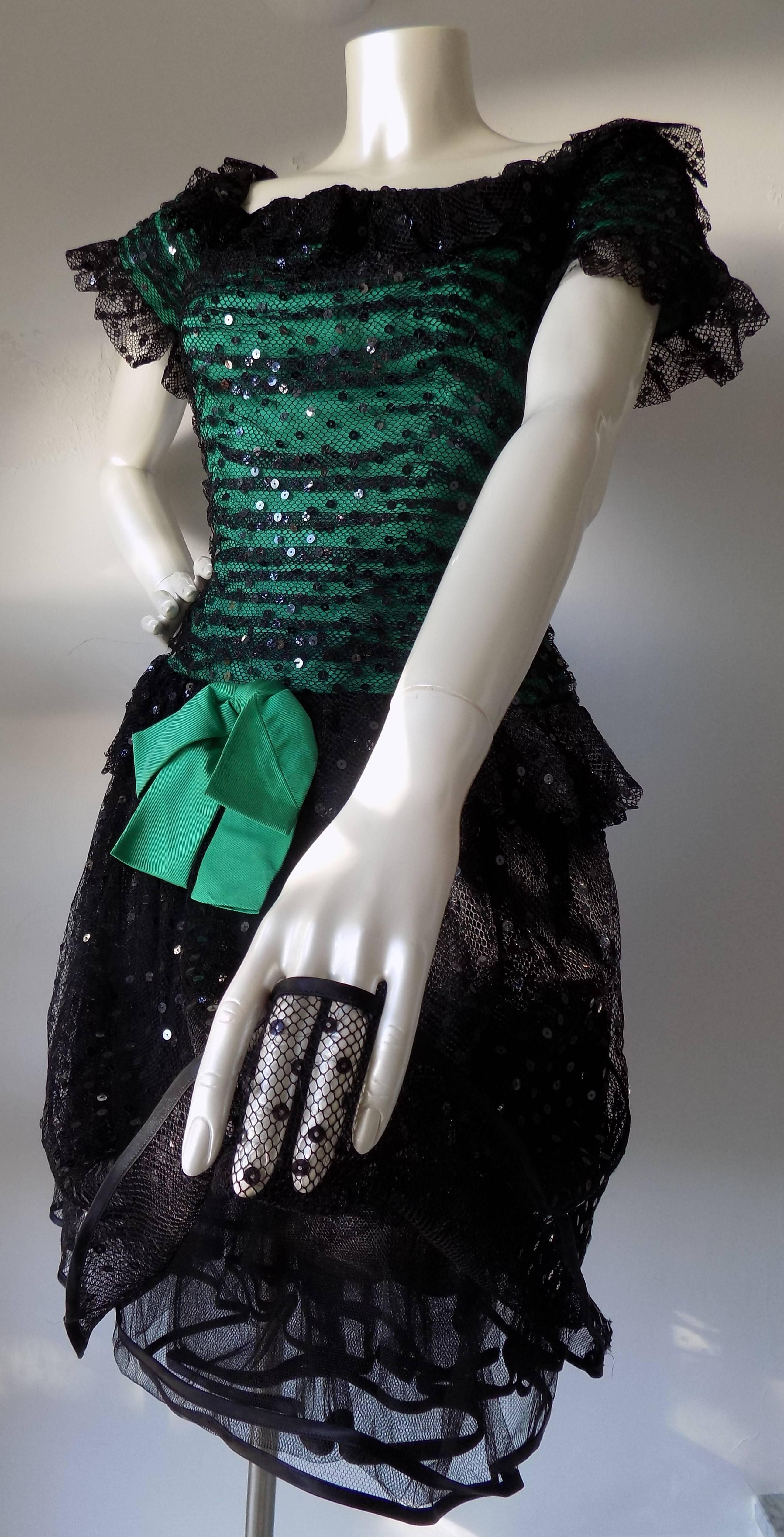 1980s Peter Keppler couture Green black dress In Excellent Condition For Sale In Capri, IT