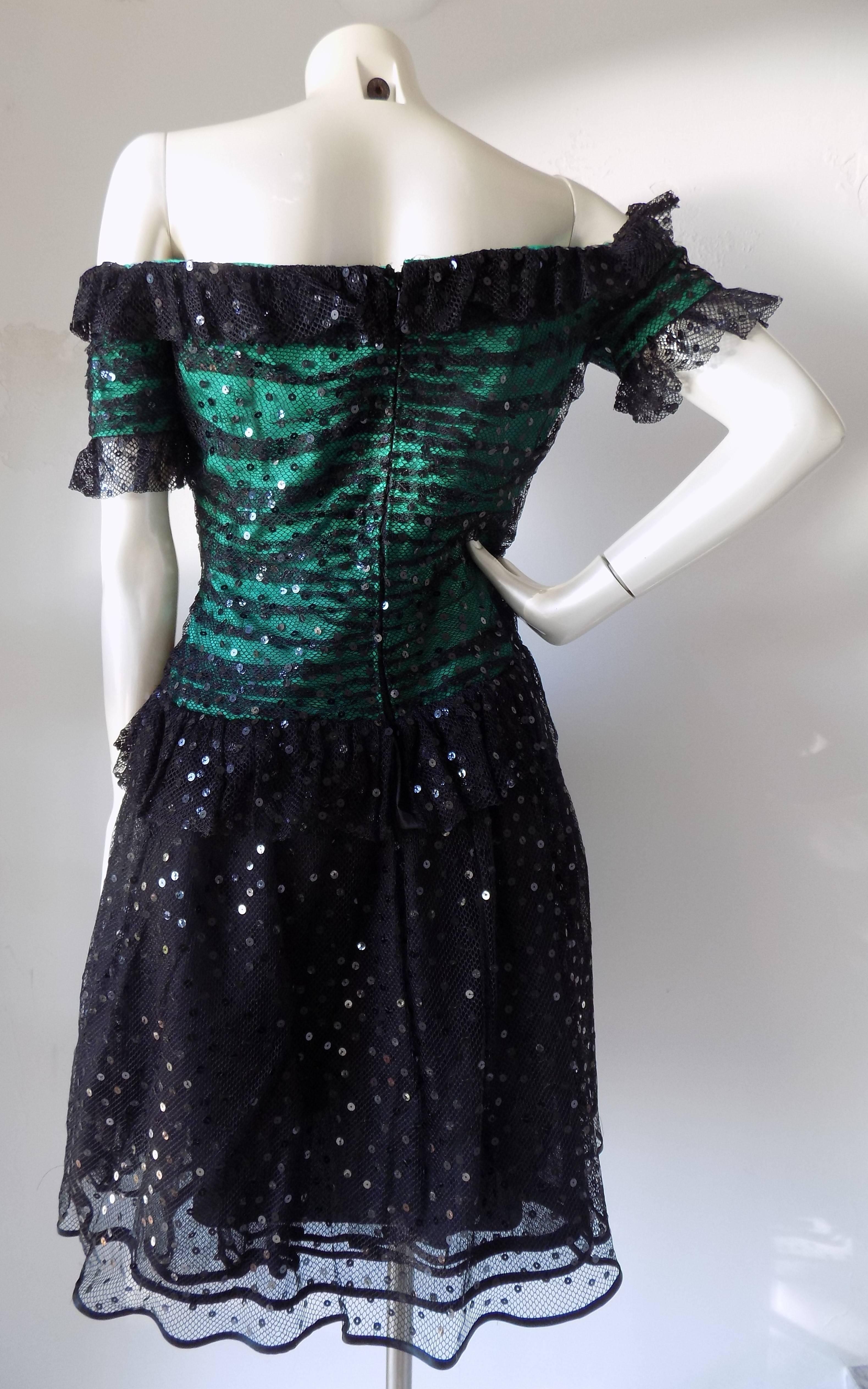 1980s Peter Keppler couture Green black dress For Sale 1