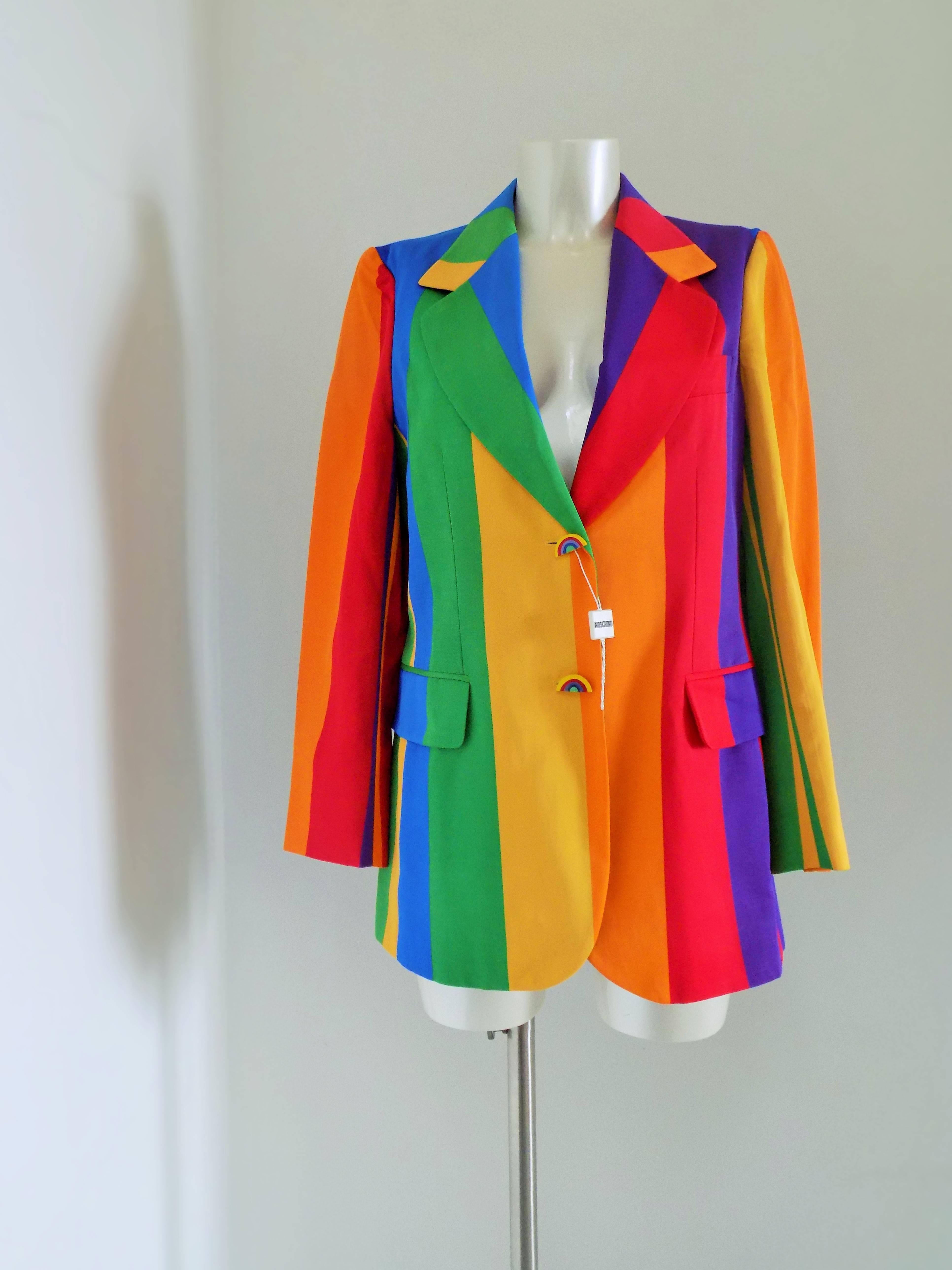 1970s Iconic Moschino Cheap & Chic Rainbow jacket 
Italian size range 44

Composition: 56% Cotton 44% Rayon

Total lenght: 77 cm

shoulder to hem 61 cm

