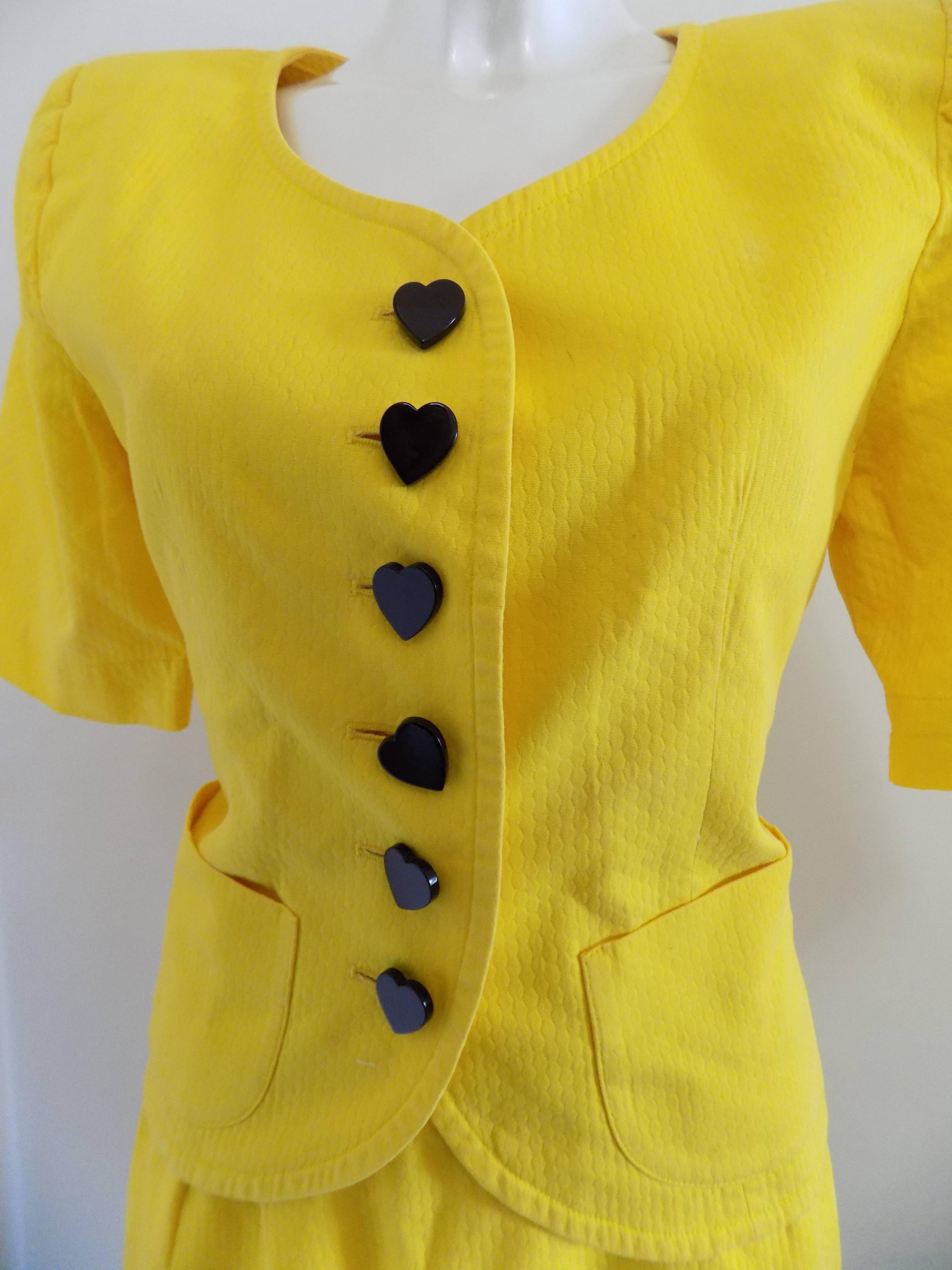 1970s Yves Saint Laurent Yellow Suit. Skirt and jacket with black buttons hearts

Totally made in france in european size range 42 