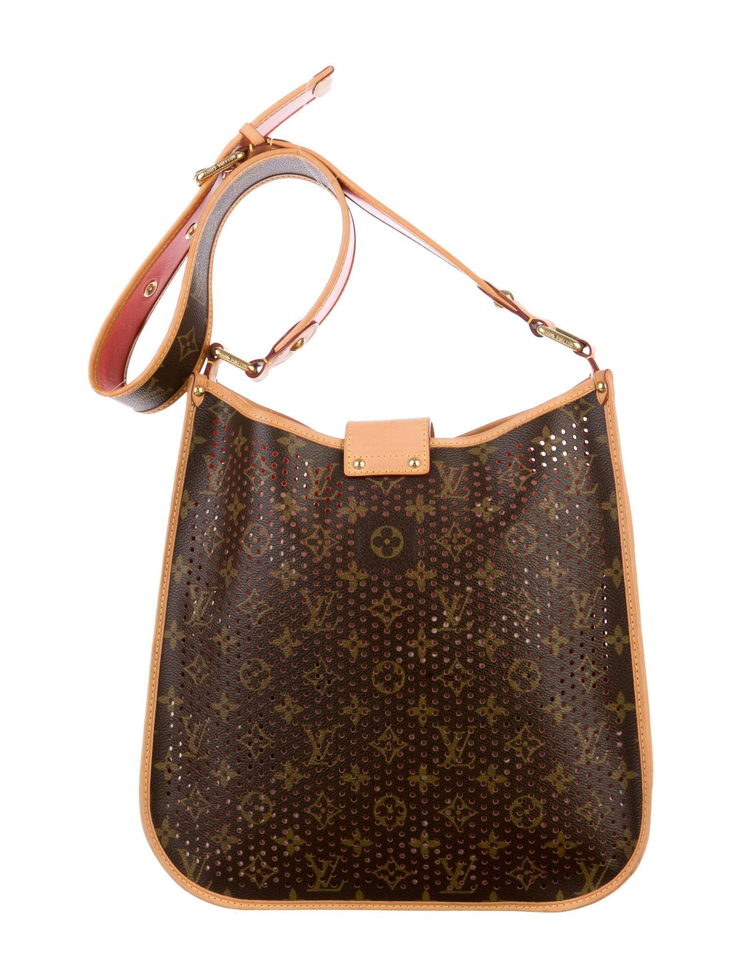 Limited Edition Spring 2006. Brown and tan monogram coated canvas Louis Vuitton Perforated Mussette Bag with vachetta leather trim, brass hardware, exterior pocket, adjustable shoulder strap, single interior pocket and lock applique at flap