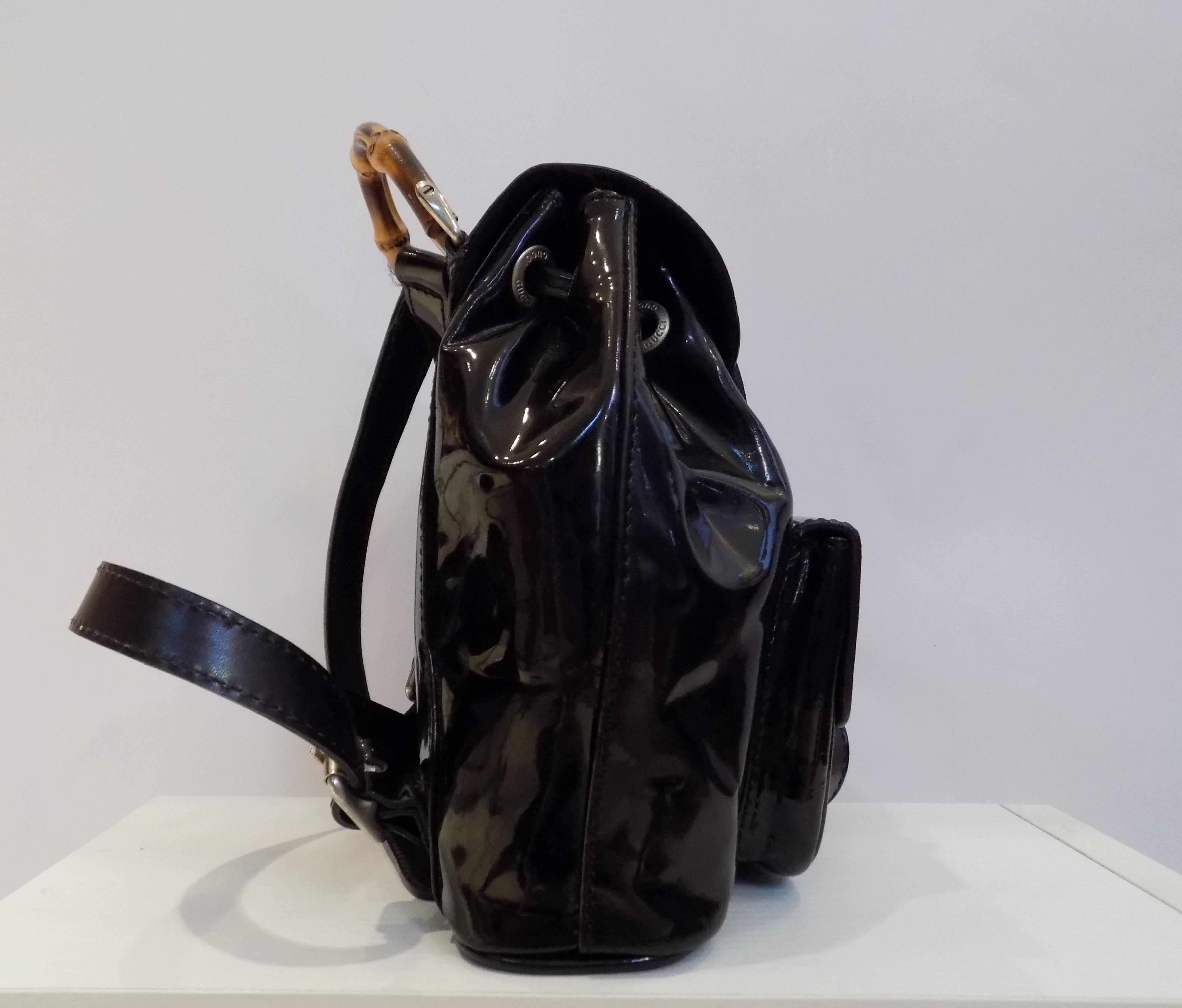 Women's Gucci Bamboo Black Varnish Leather Small Backpack