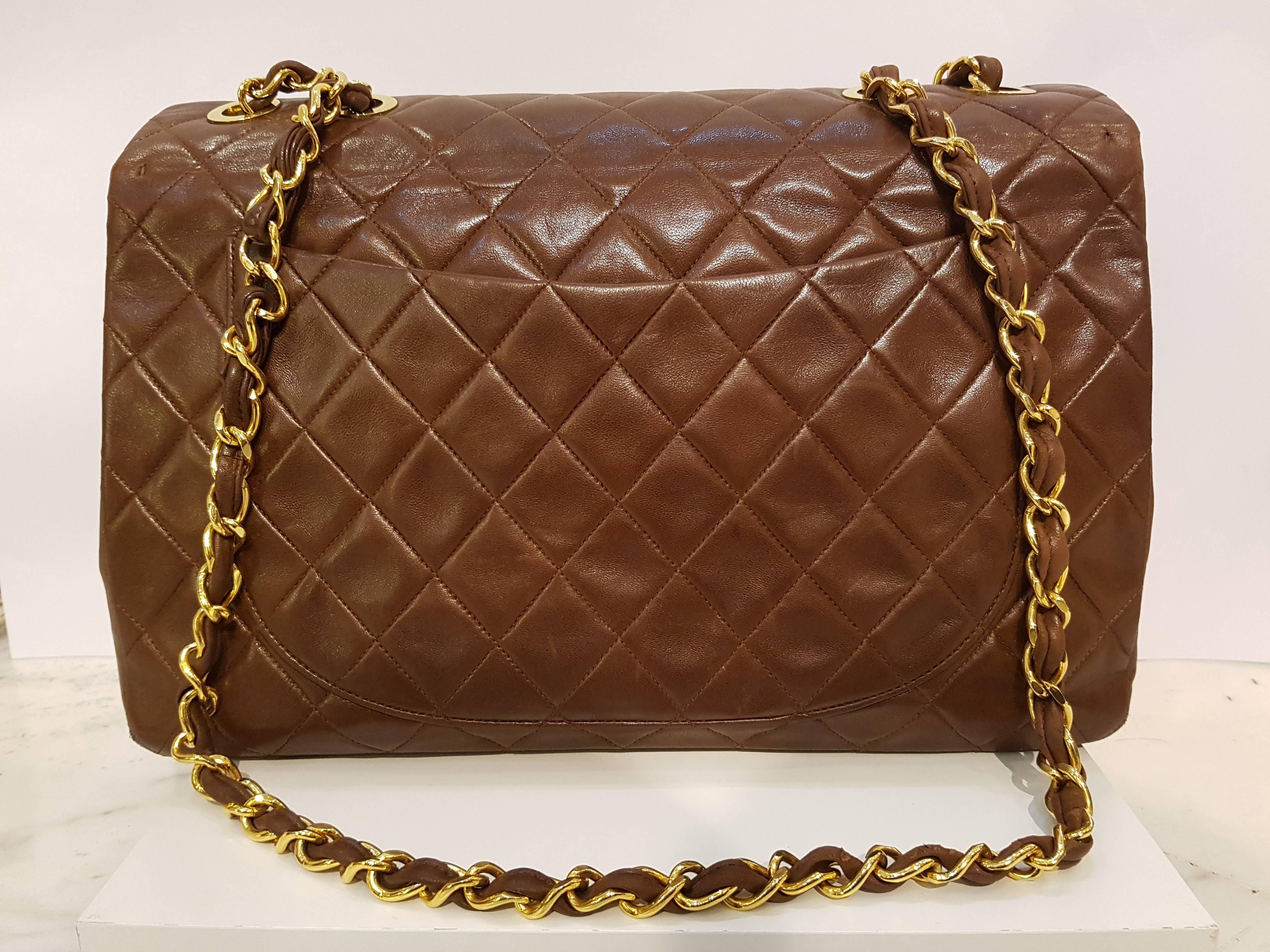 1980s Chanel Brown Leather Maxi Jumbo Shoulder Bag 1
