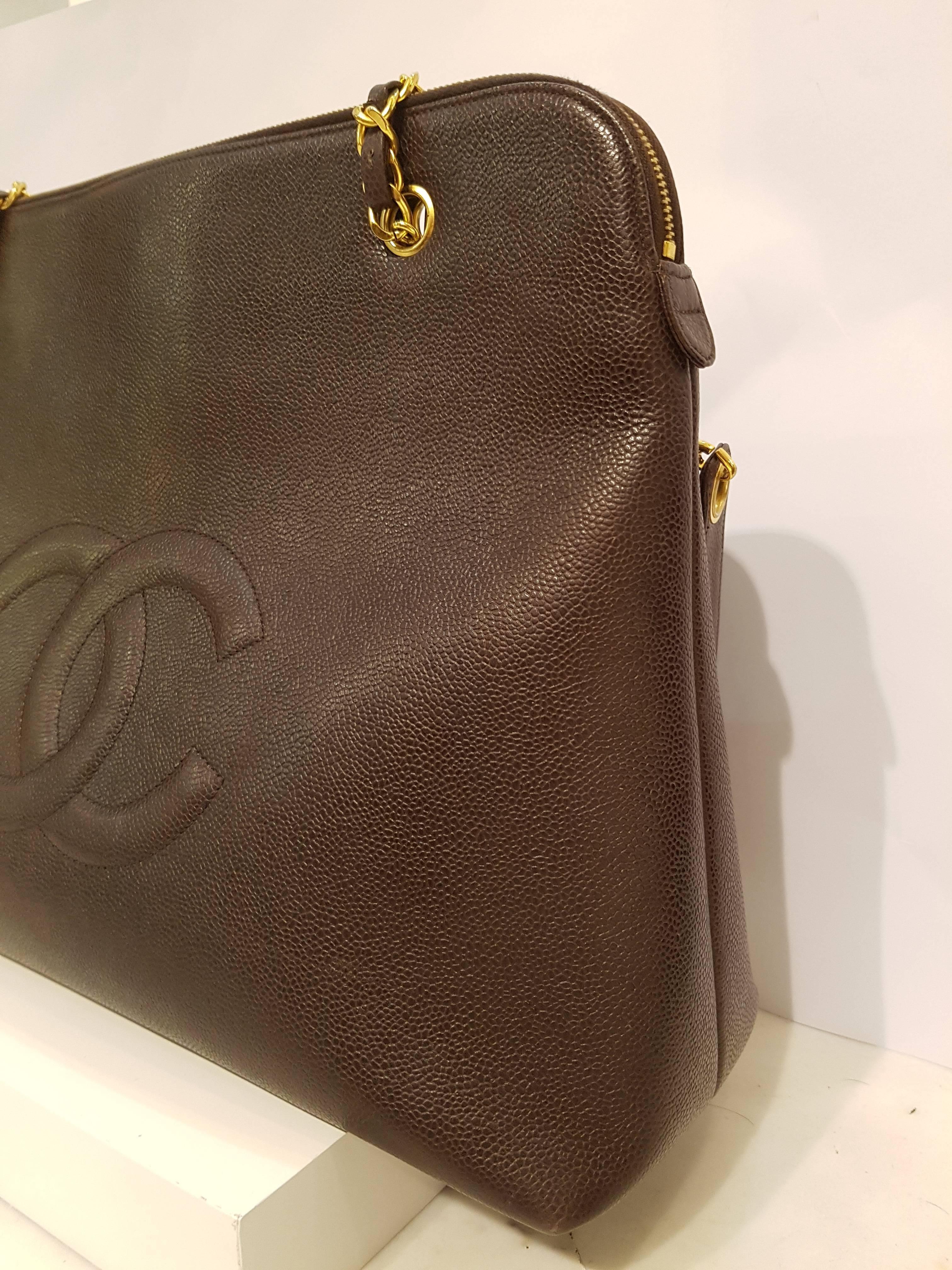 Black 1990s Chanel Embossed Logo Brown Shoulder Bag
