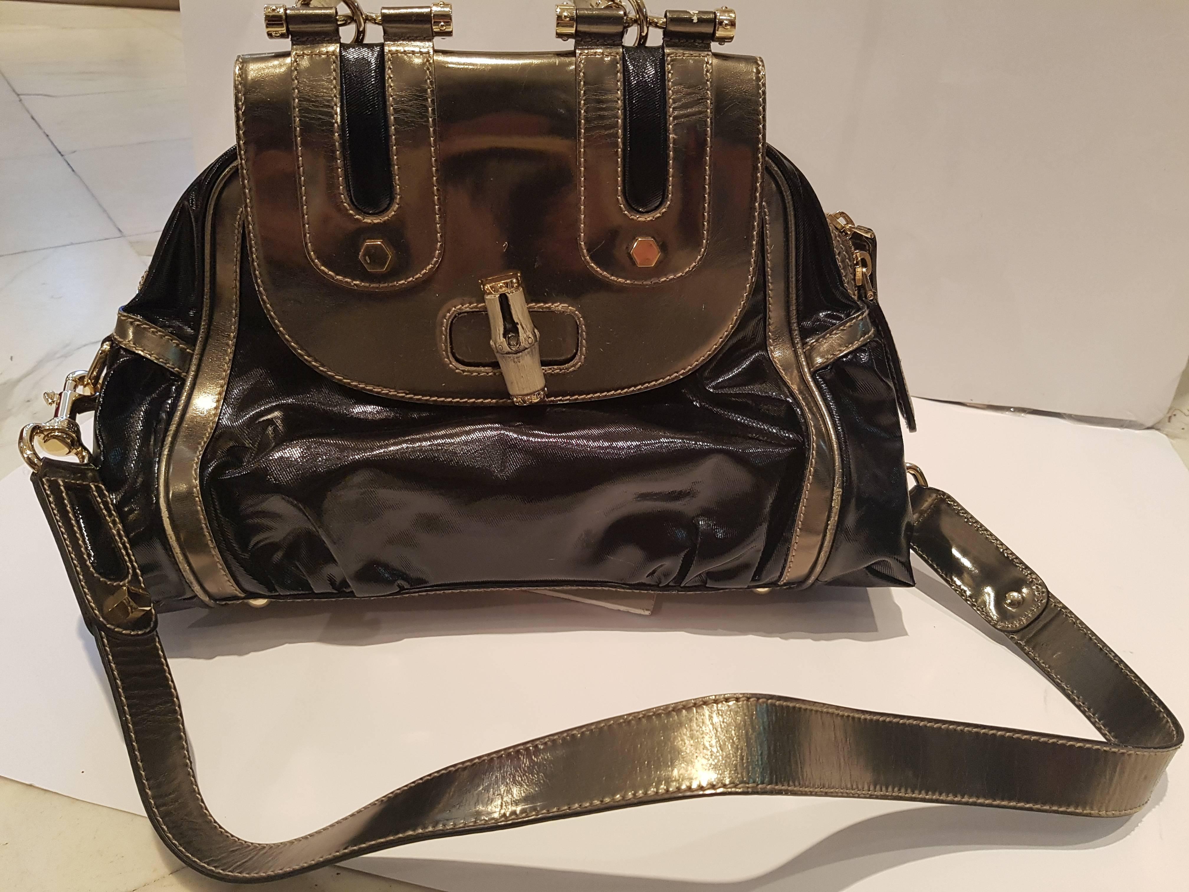 Black 1990s Gucci Bamboo black metallic silver bag For Sale