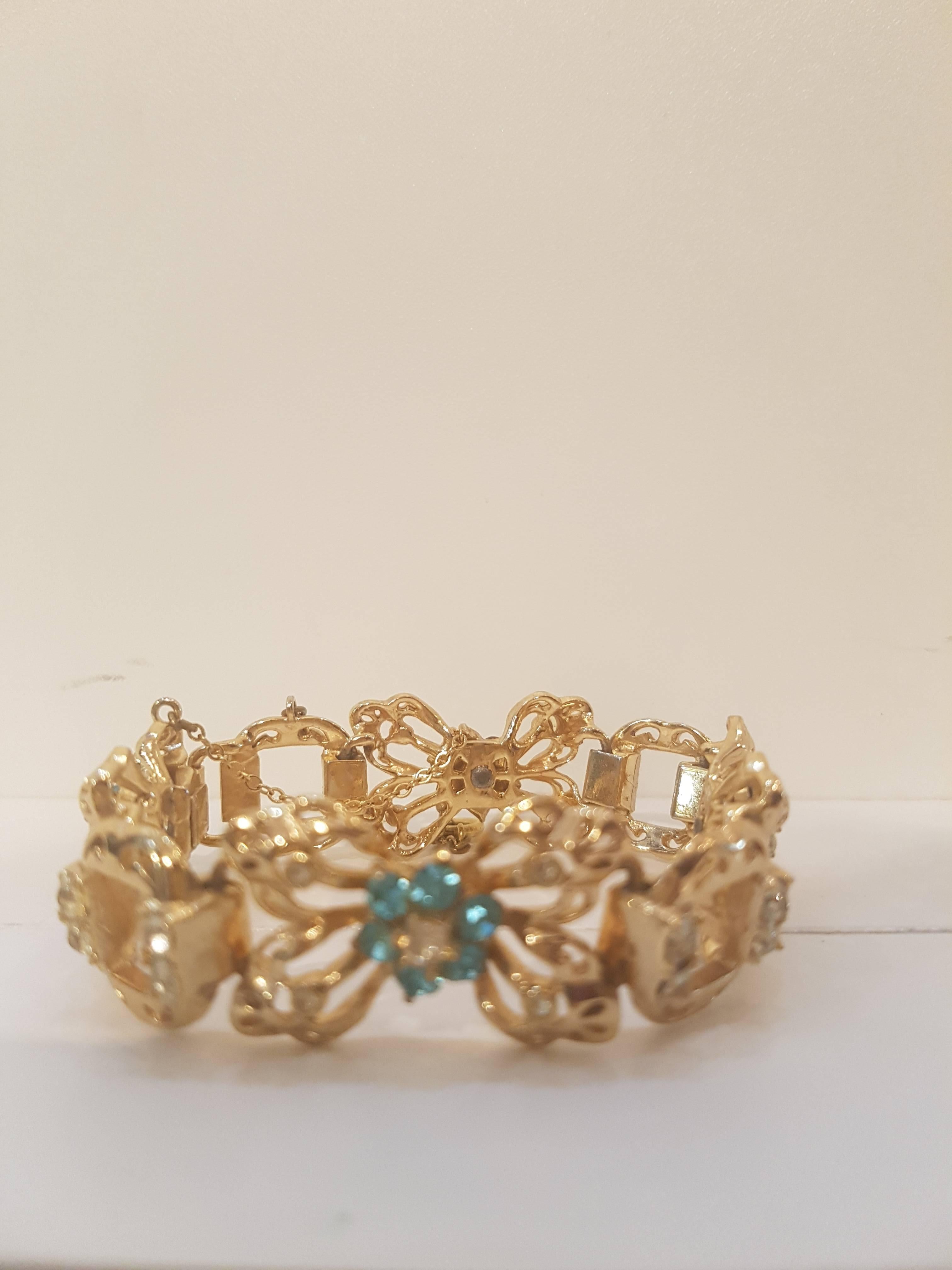 1980s Coro gold tone bracelet with crystal and light blu stones