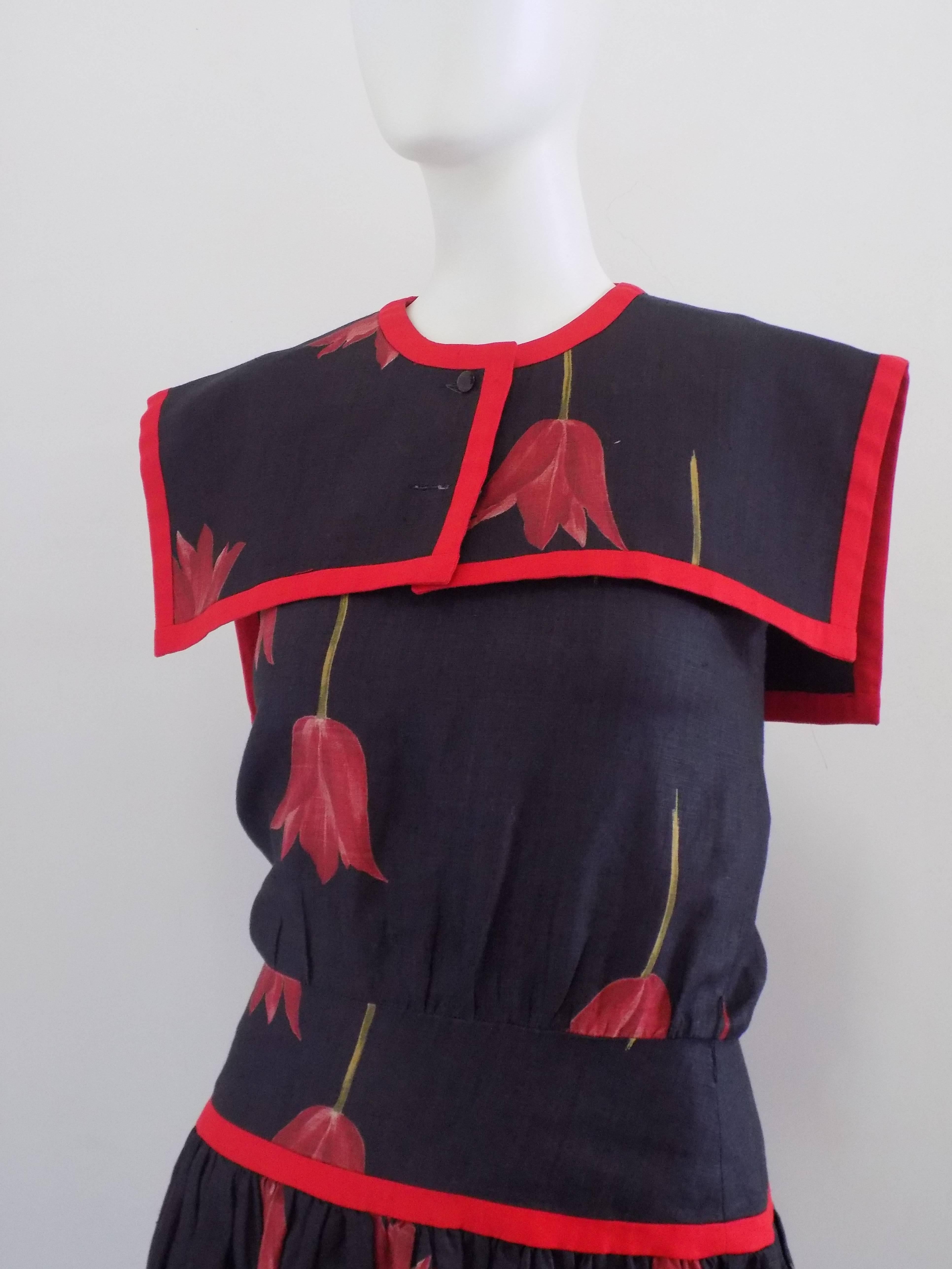 Black 1980s Valentino Blu Red linen Dress